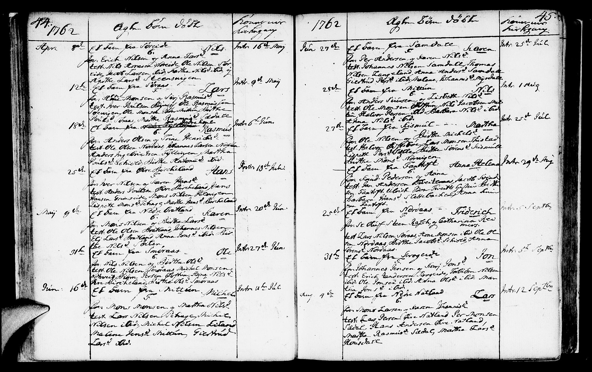 Fana Sokneprestembete, SAB/A-75101/H/Haa/Haaa/L0004: Parish register (official) no. A 4, 1757-1774, p. 44-45