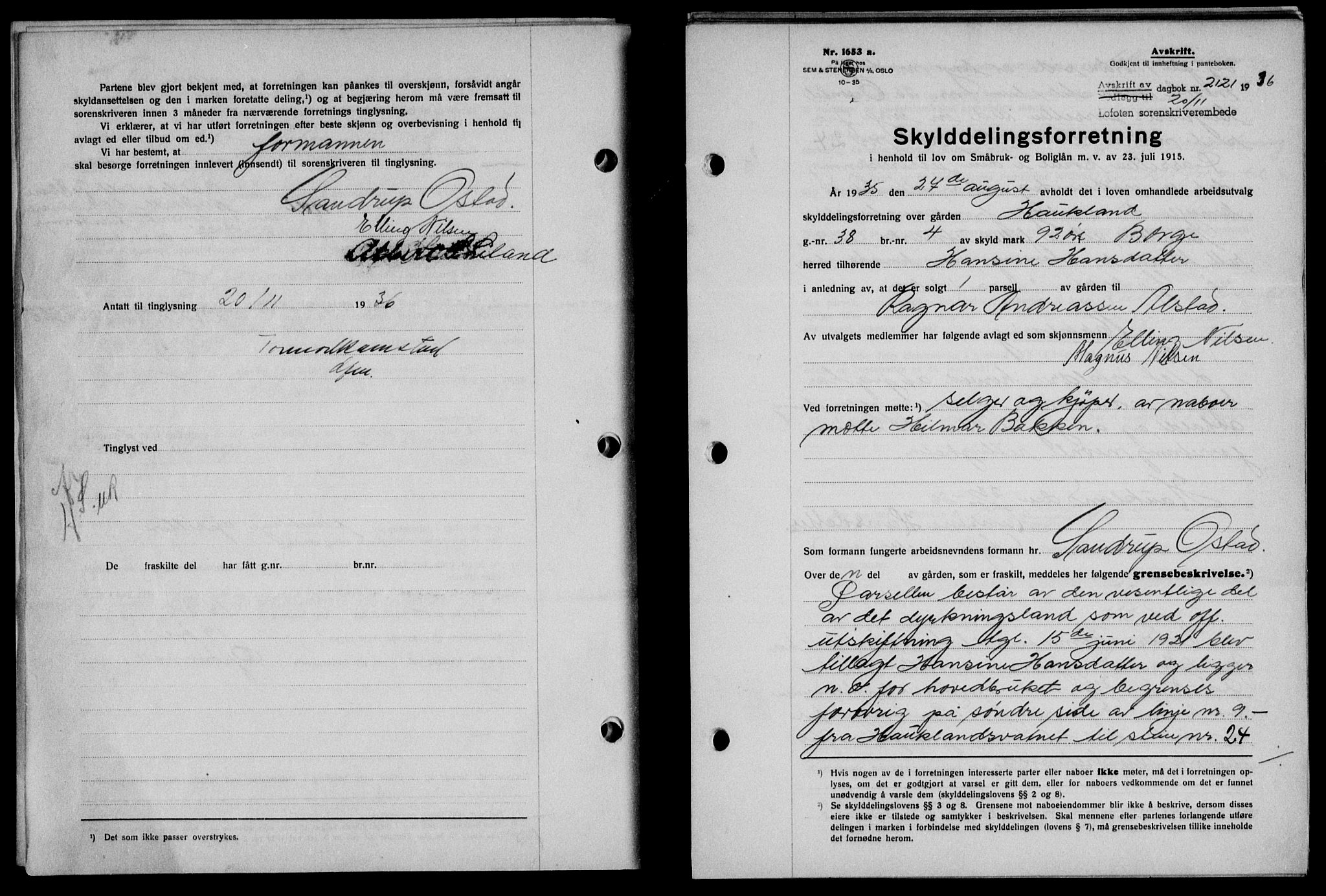 Lofoten sorenskriveri, SAT/A-0017/1/2/2C/L0001a: Mortgage book no. 1a, 1936-1937, Diary no: : 2121/1936