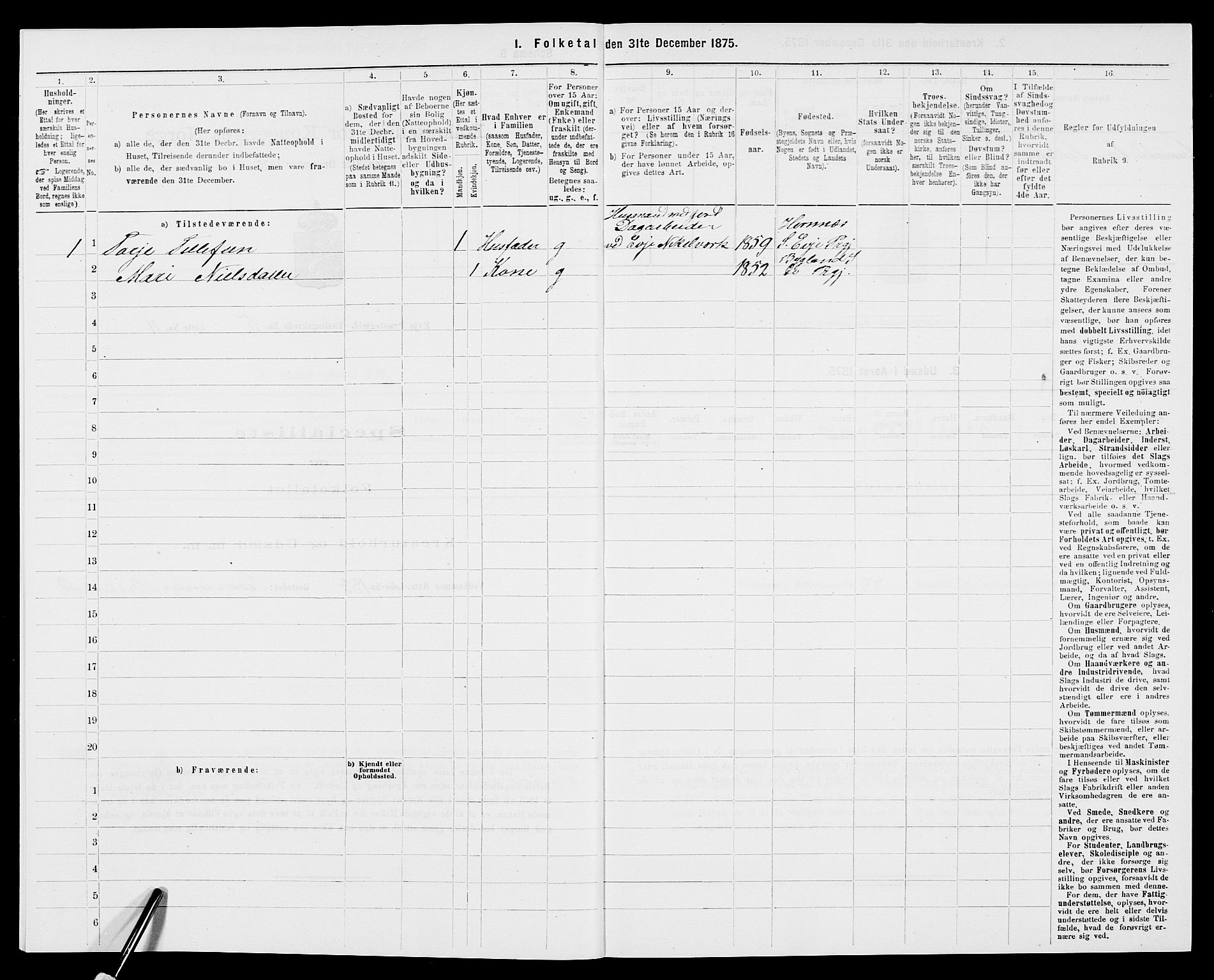 SAK, 1875 census for 0934P Evje, 1875, p. 405