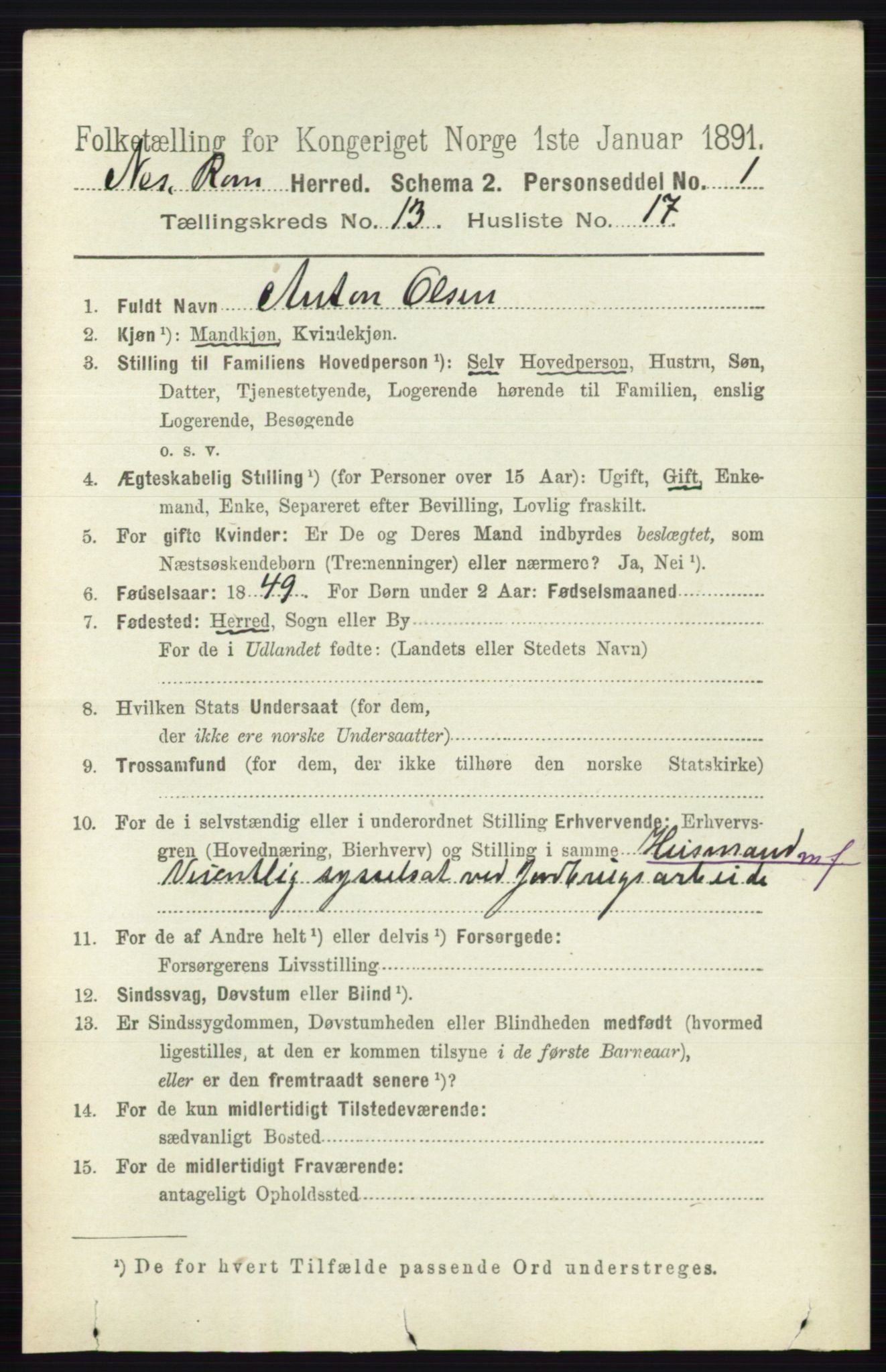 RA, 1891 census for 0236 Nes, 1891, p. 7939