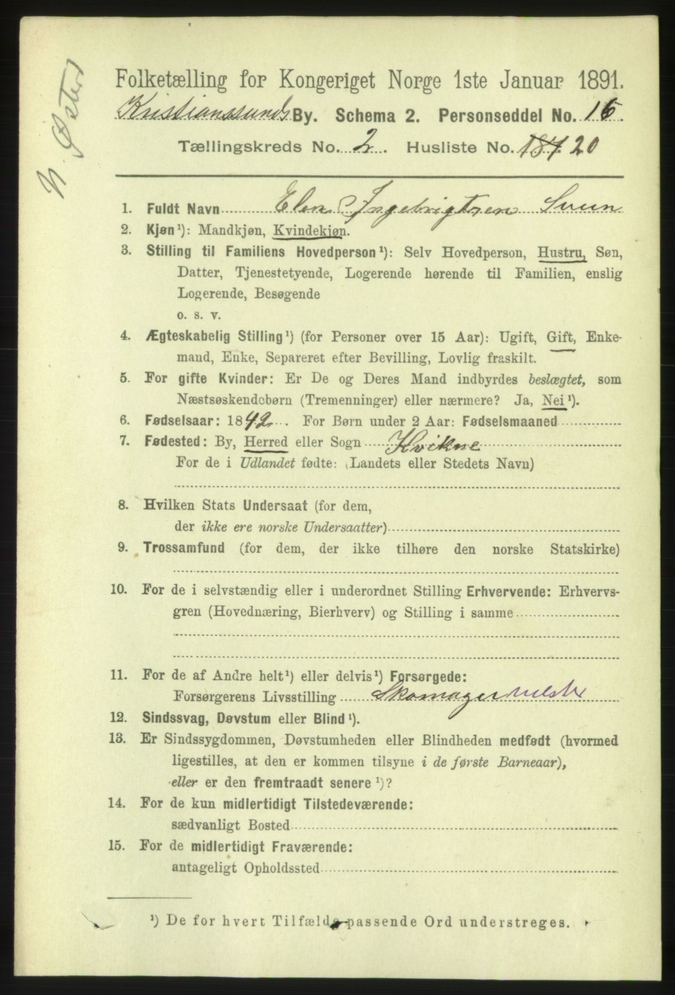 RA, 1891 census for 1503 Kristiansund, 1891, p. 2784