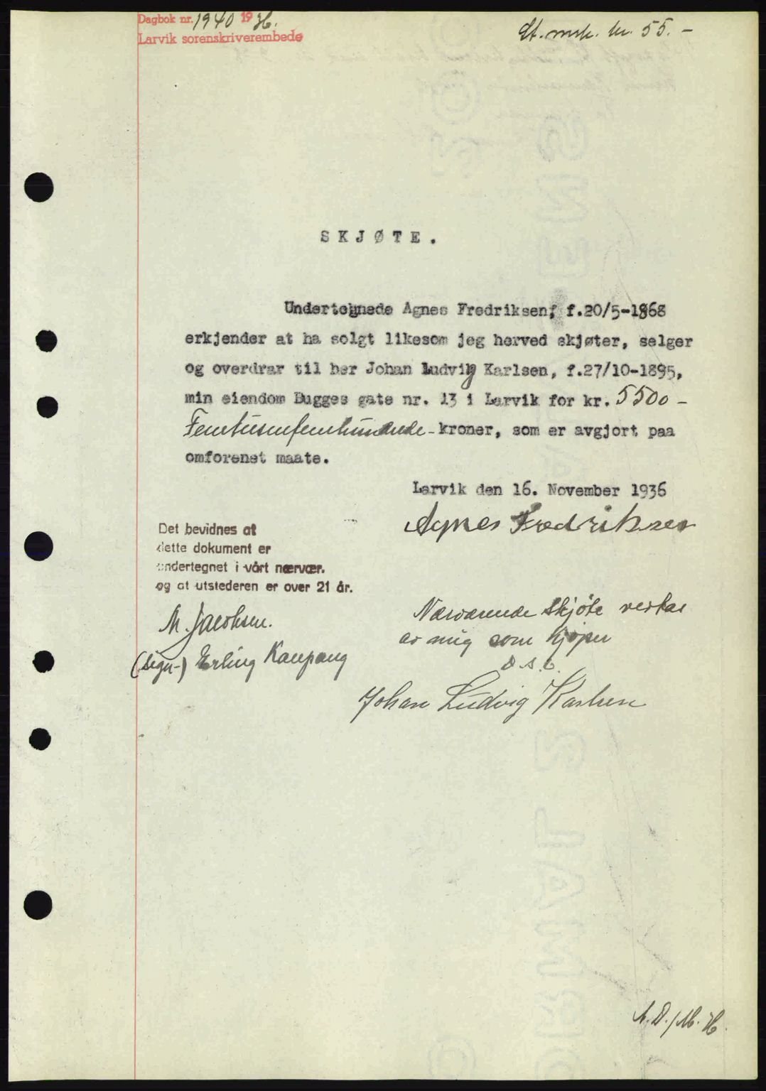 Larvik sorenskriveri, SAKO/A-83/G/Ga/Gab/L0067: Mortgage book no. A-1, 1936-1937, Diary no: : 1940/1936