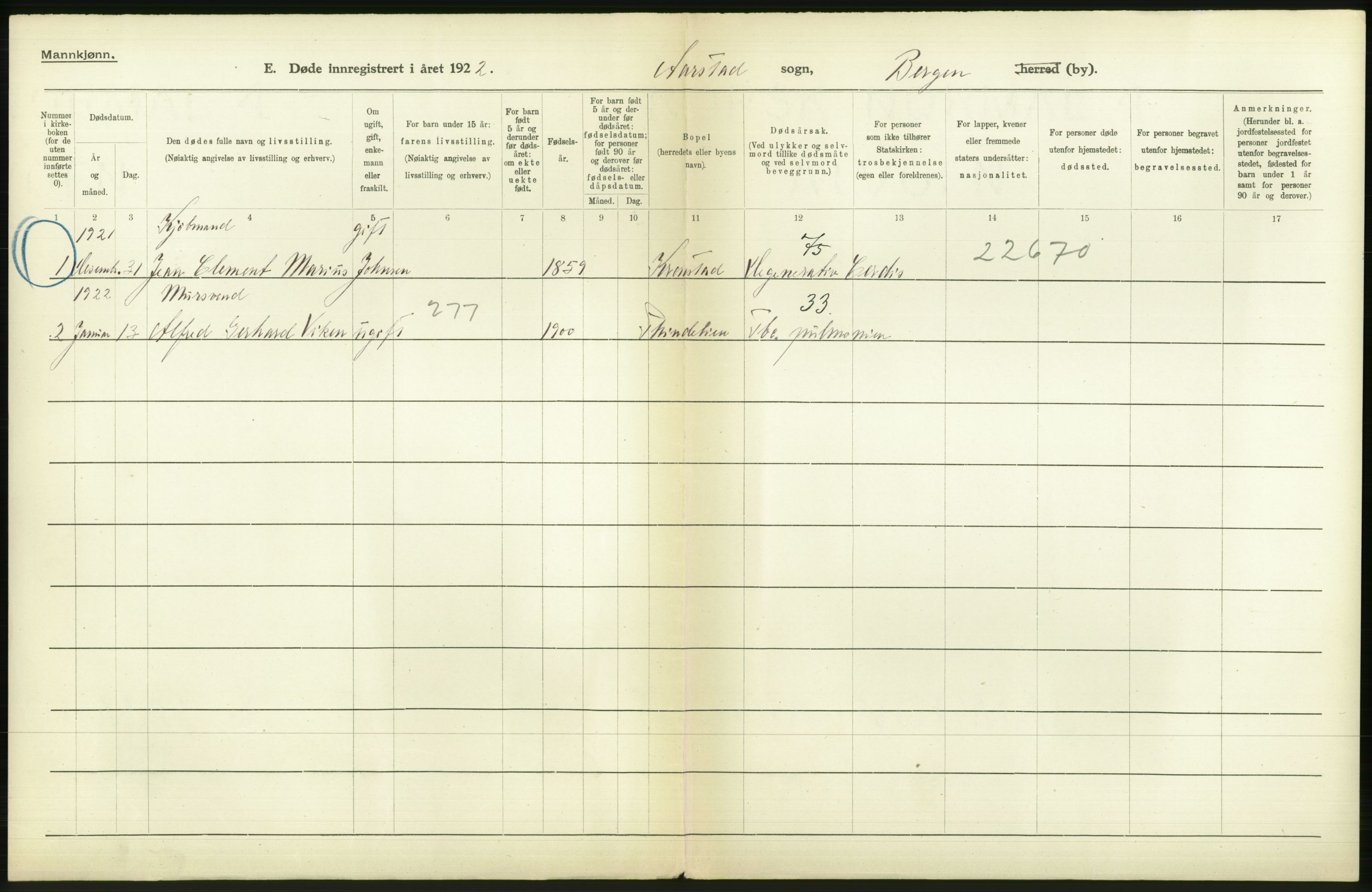 Statistisk sentralbyrå, Sosiodemografiske emner, Befolkning, AV/RA-S-2228/D/Df/Dfc/Dfcb/L0030: Bergen: Gifte, døde, dødfødte., 1922, p. 466