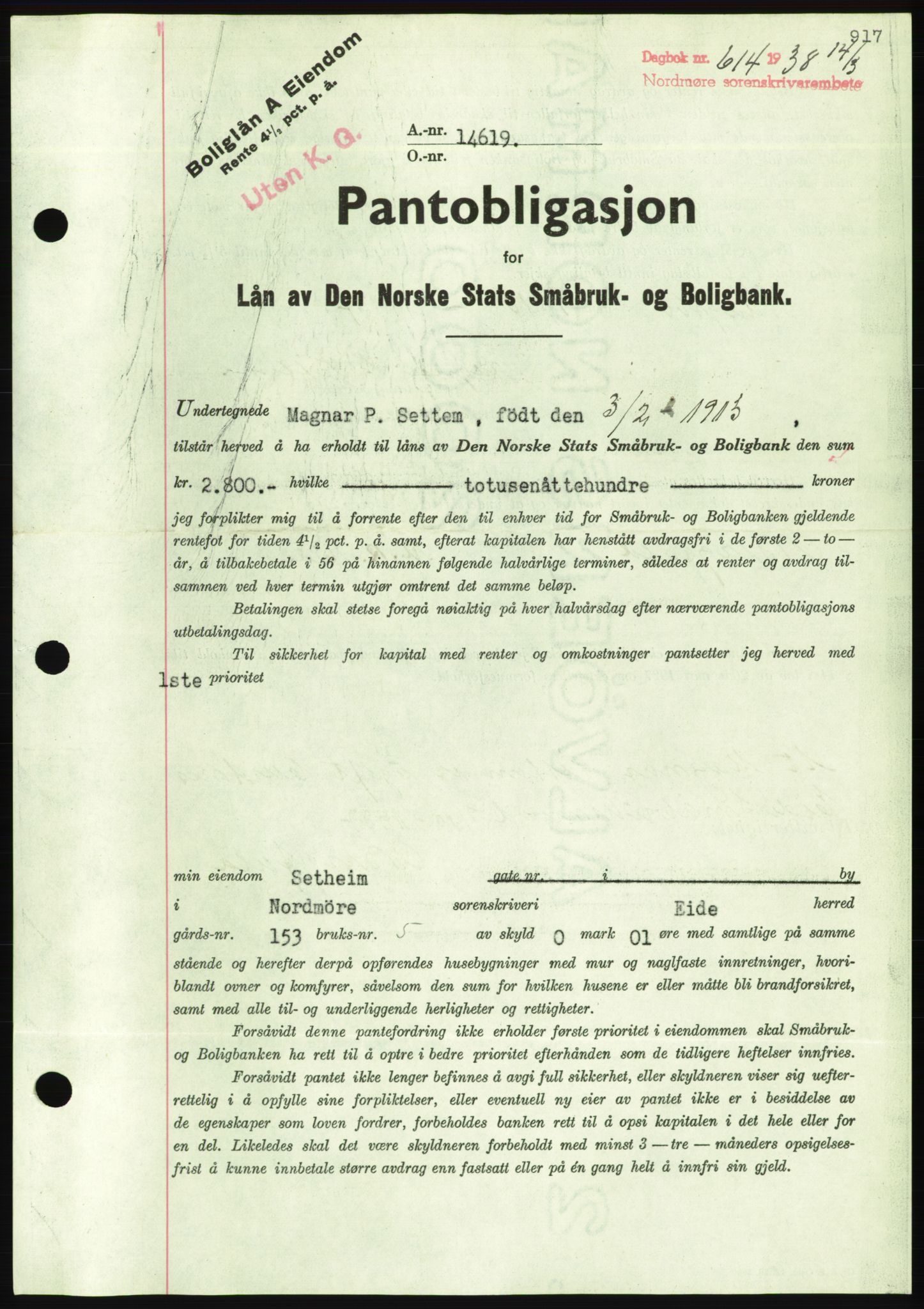 Nordmøre sorenskriveri, AV/SAT-A-4132/1/2/2Ca/L0092: Mortgage book no. B82, 1937-1938, Diary no: : 614/1938