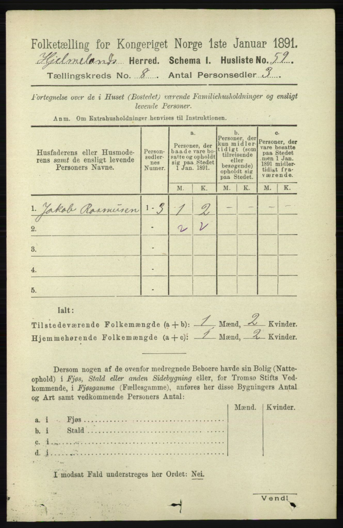 RA, 1891 census for 1133 Hjelmeland, 1891, p. 2469