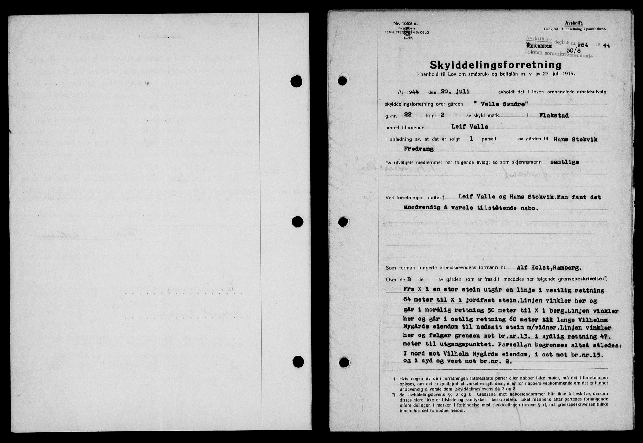 Lofoten sorenskriveri, SAT/A-0017/1/2/2C/L0012a: Mortgage book no. 12a, 1943-1944, Diary no: : 954/1944
