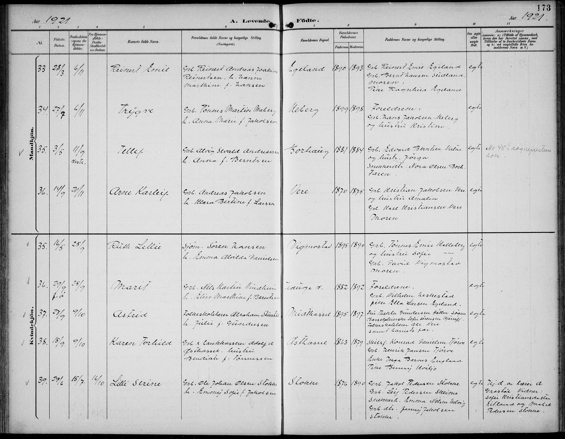 Lista sokneprestkontor, AV/SAK-1111-0027/F/Fb/L0005: Parish register (copy) no. B 5, 1892-1923, p. 173