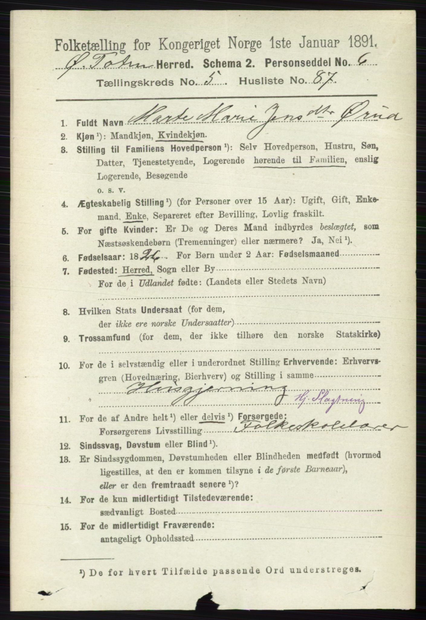 RA, 1891 census for 0528 Østre Toten, 1891, p. 3671