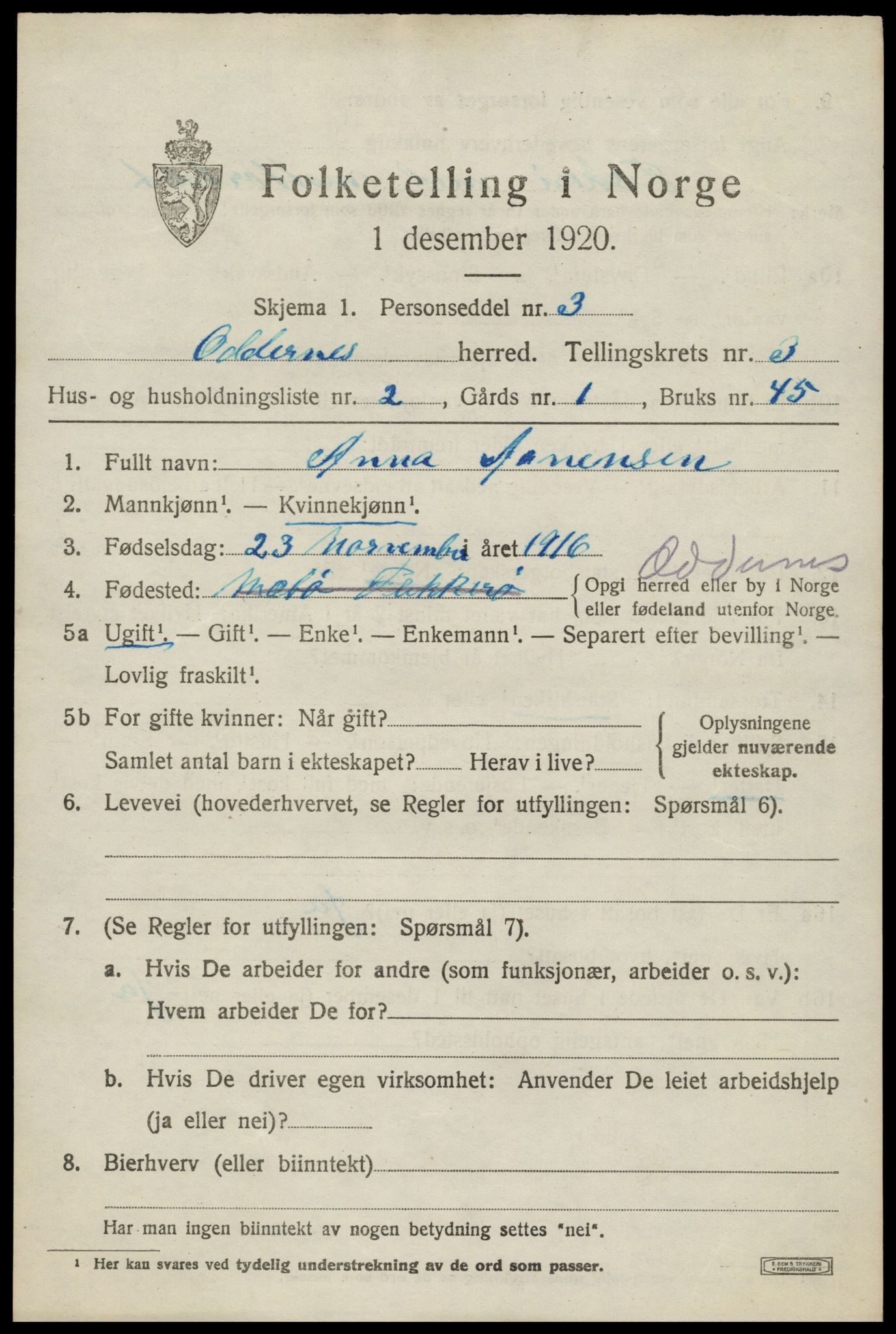 SAK, 1920 census for Oddernes, 1920, p. 3359