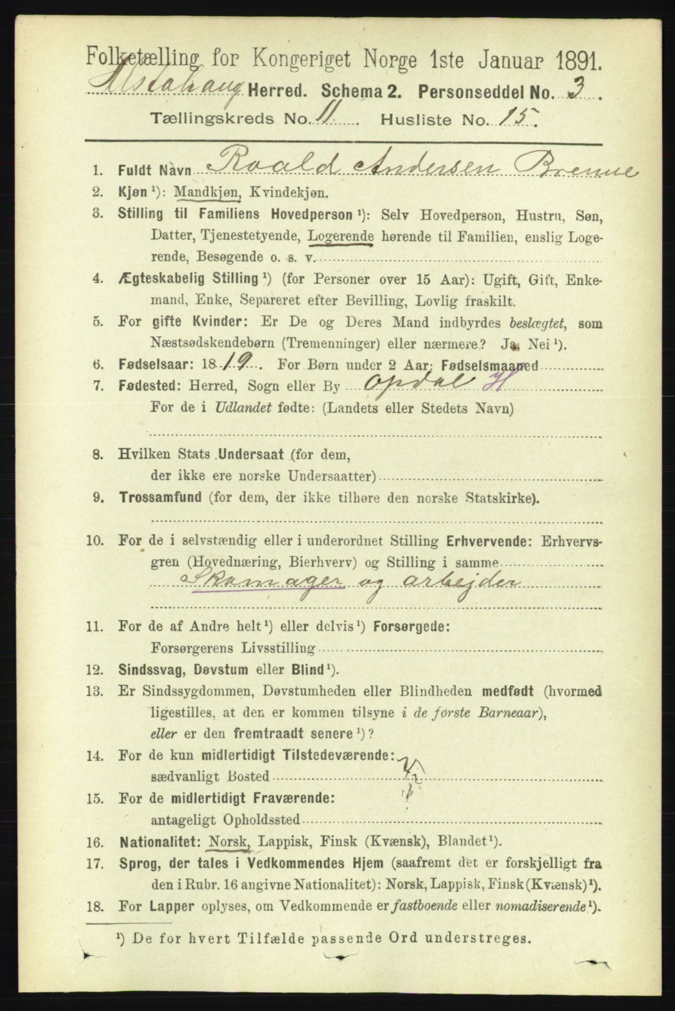 RA, 1891 census for 1820 Alstahaug, 1891, p. 3960