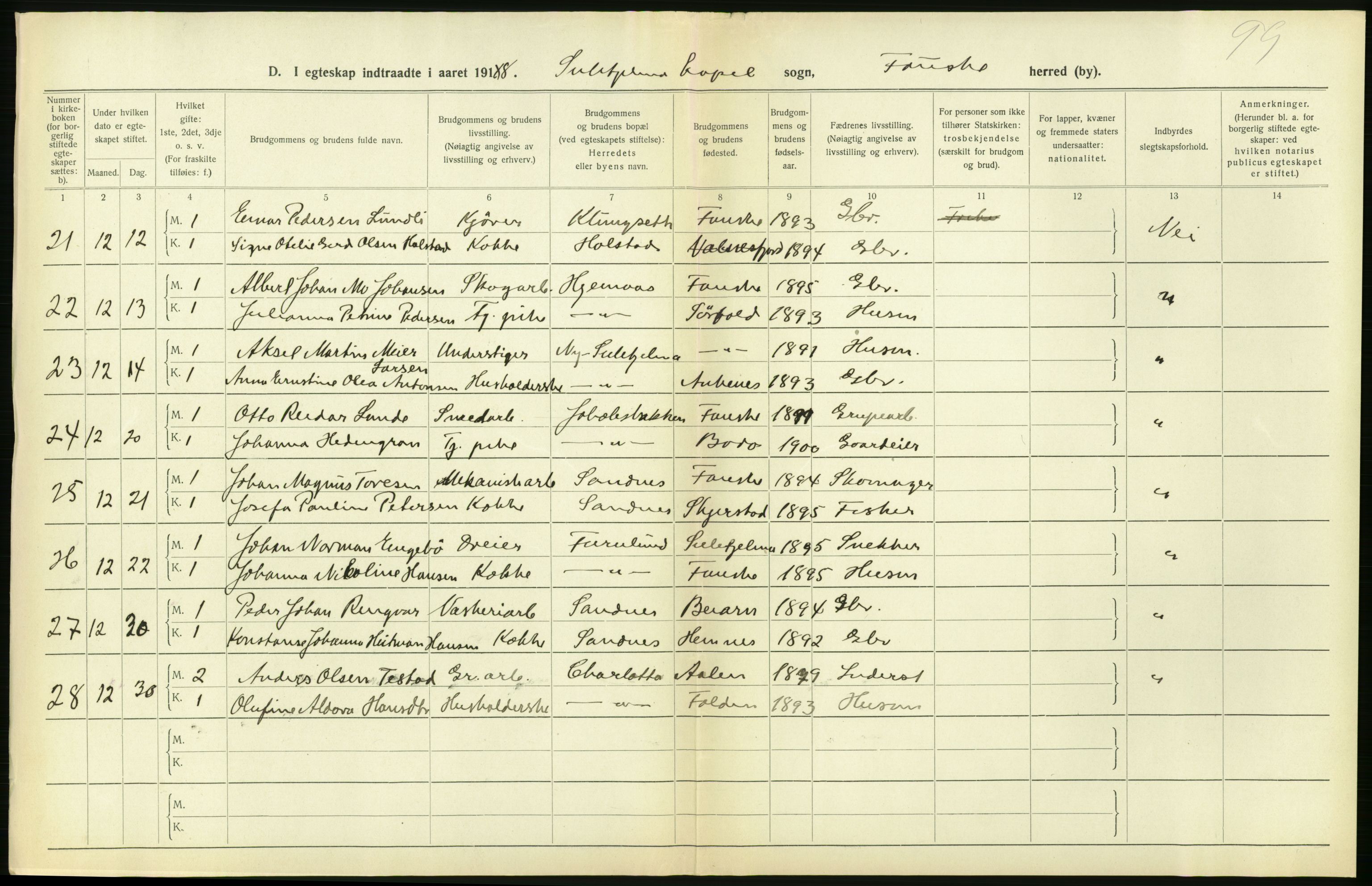 Statistisk sentralbyrå, Sosiodemografiske emner, Befolkning, RA/S-2228/D/Df/Dfb/Dfbh/L0054: Nordland fylke: Gifte, dødfødte. Bygder og byer., 1918, p. 144