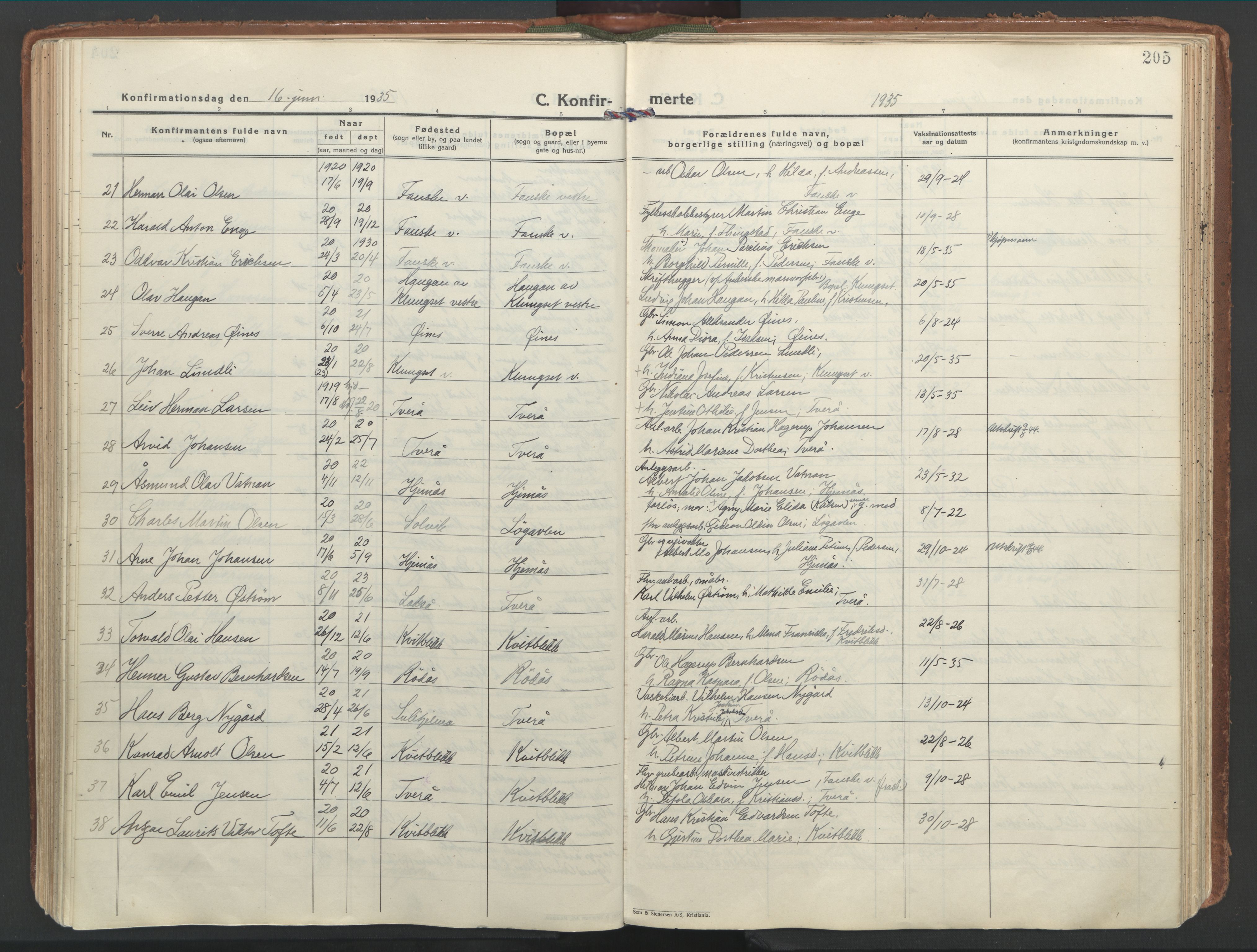 Ministerialprotokoller, klokkerbøker og fødselsregistre - Nordland, AV/SAT-A-1459/849/L0699: Parish register (official) no. 849A10, 1924-1937, p. 205