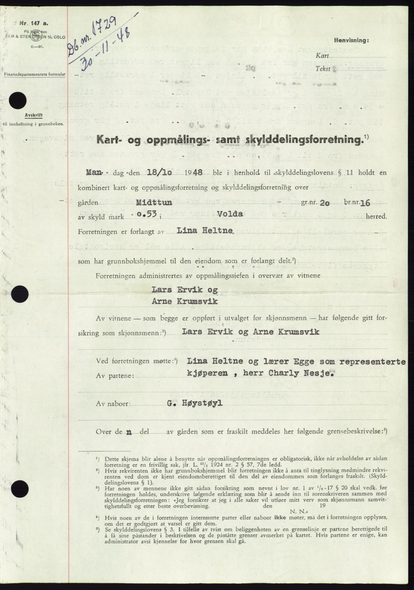 Søre Sunnmøre sorenskriveri, AV/SAT-A-4122/1/2/2C/L0083: Mortgage book no. 9A, 1948-1949, Diary no: : 1729/1948