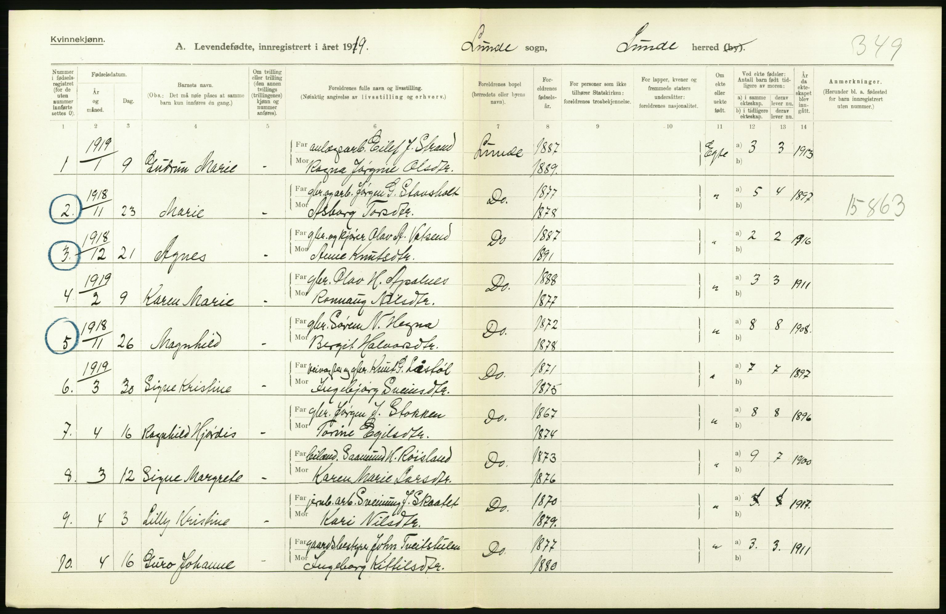 Statistisk sentralbyrå, Sosiodemografiske emner, Befolkning, AV/RA-S-2228/D/Df/Dfb/Dfbi/L0021: Telemark fylke: Levendefødte menn og kvinner. Bygder., 1919, p. 128