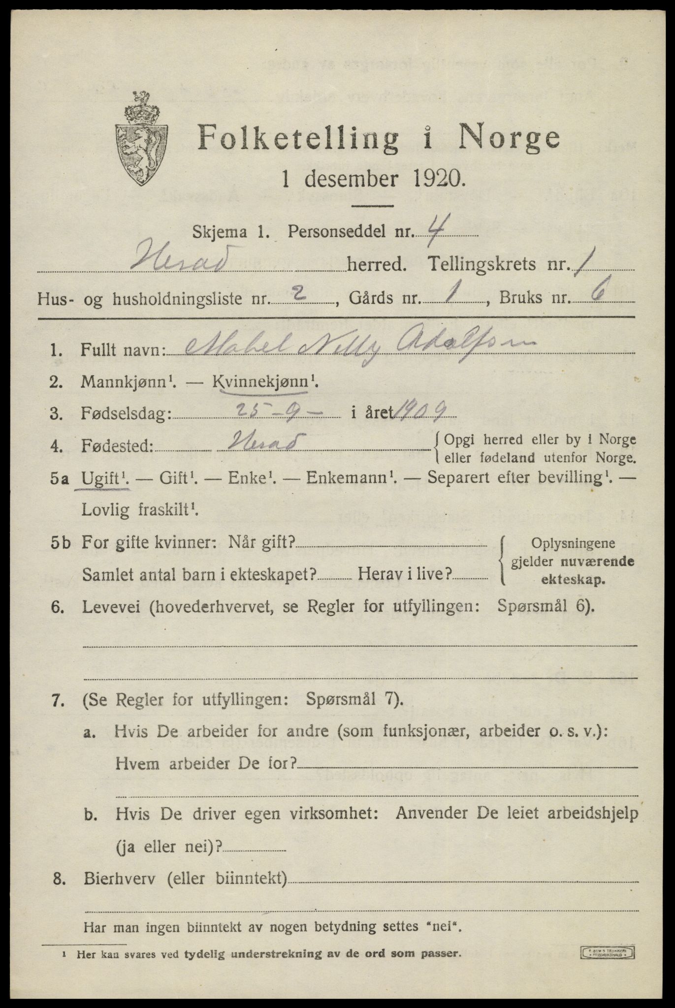 SAK, 1920 census for Herad, 1920, p. 444