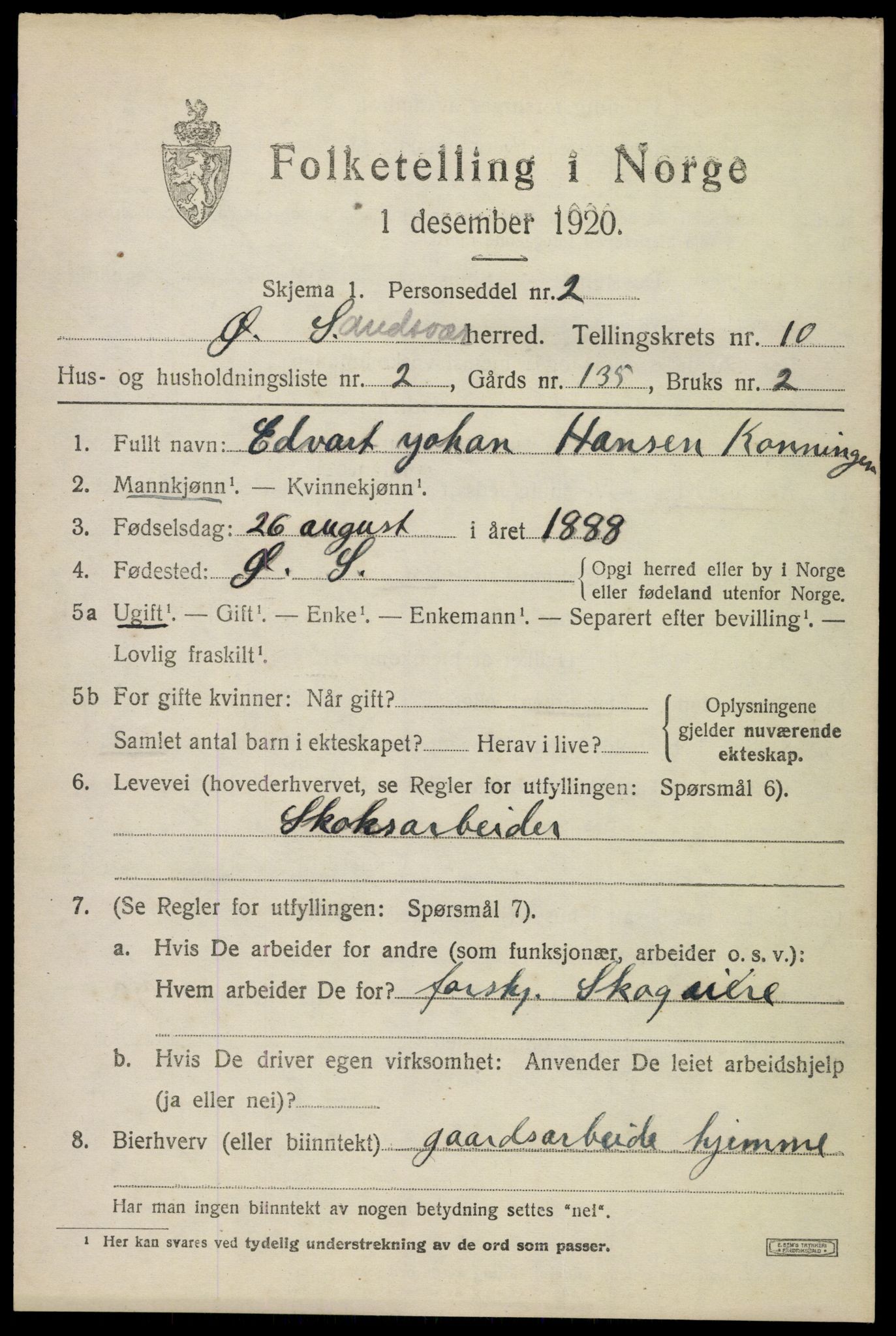 SAKO, 1920 census for Øvre Sandsvær, 1920, p. 5588