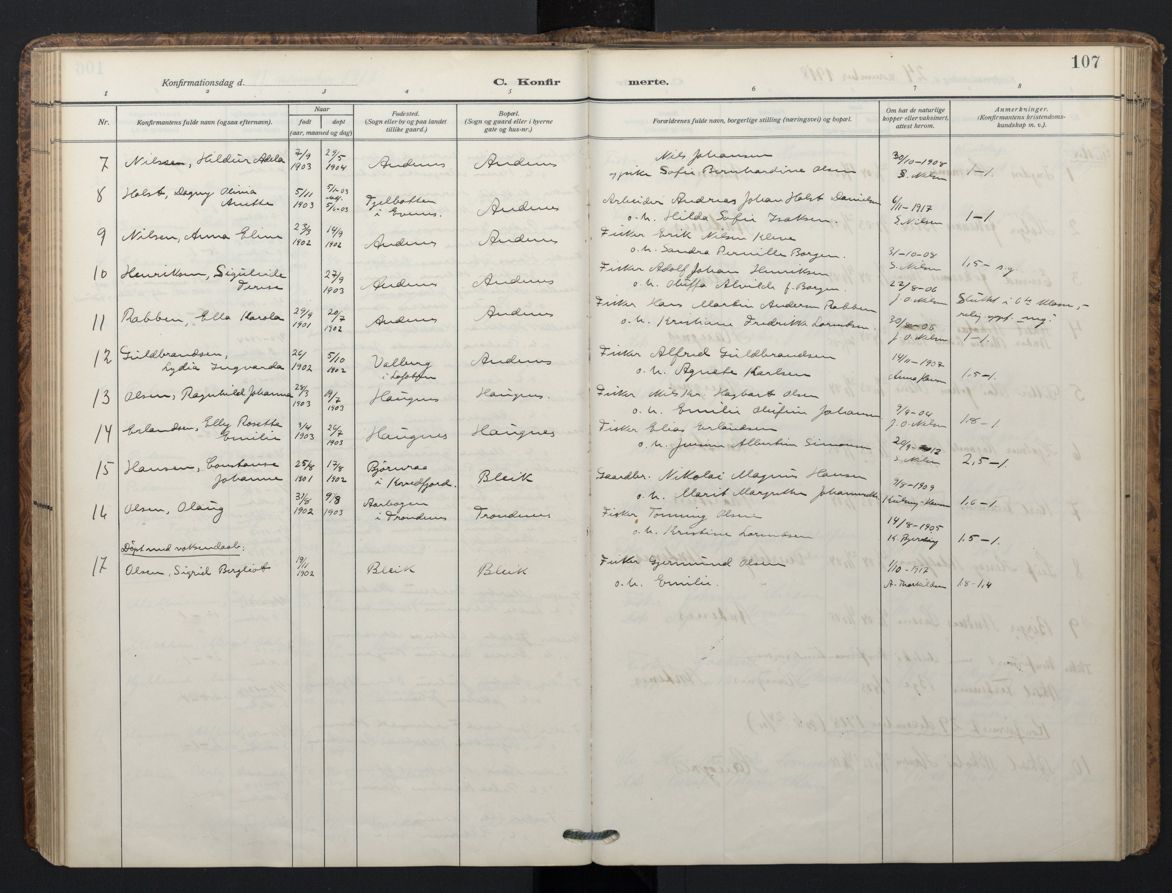 Ministerialprotokoller, klokkerbøker og fødselsregistre - Nordland, AV/SAT-A-1459/899/L1438: Parish register (official) no. 899A06, 1909-1922, p. 107