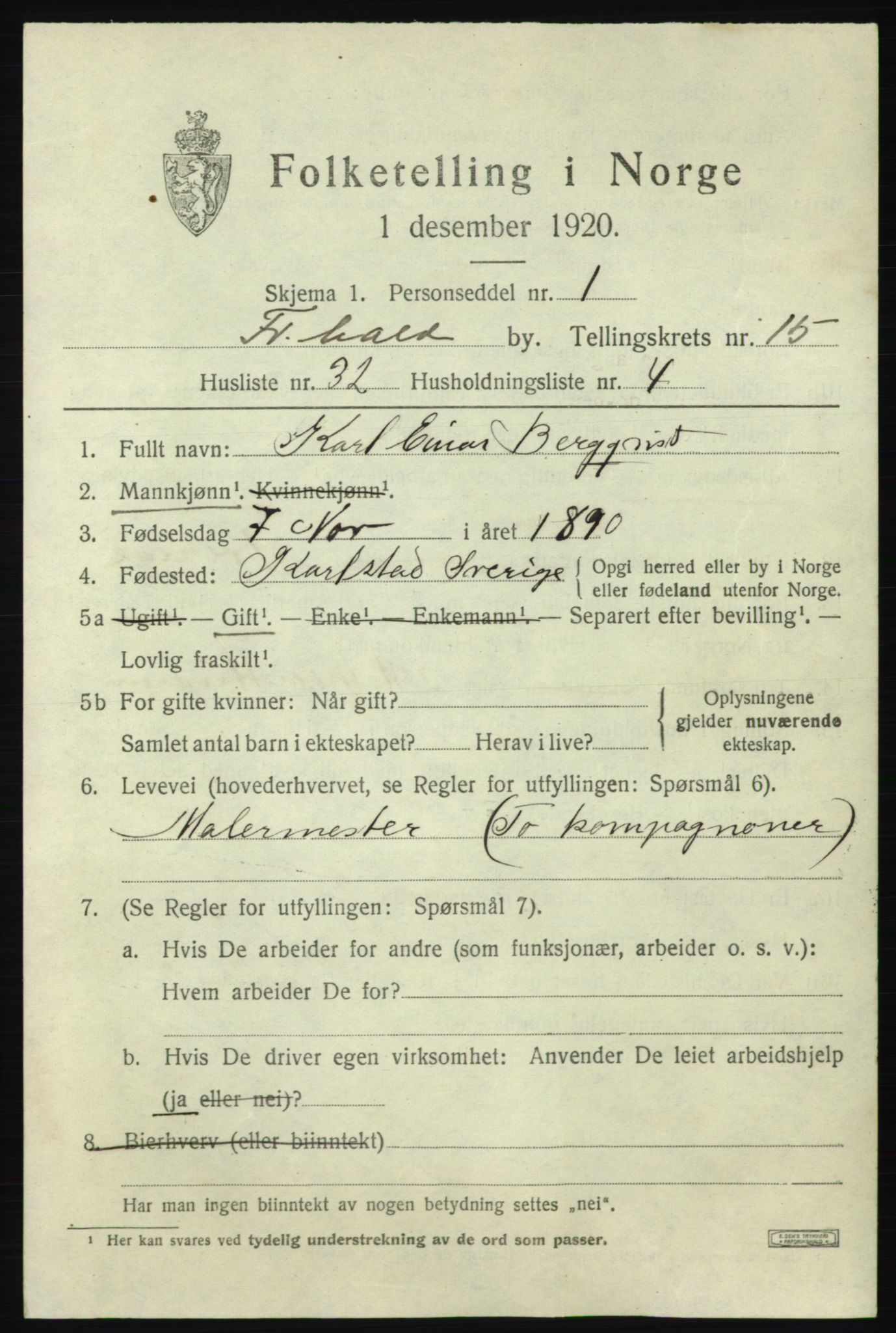 SAO, 1920 census for Fredrikshald, 1920, p. 23970