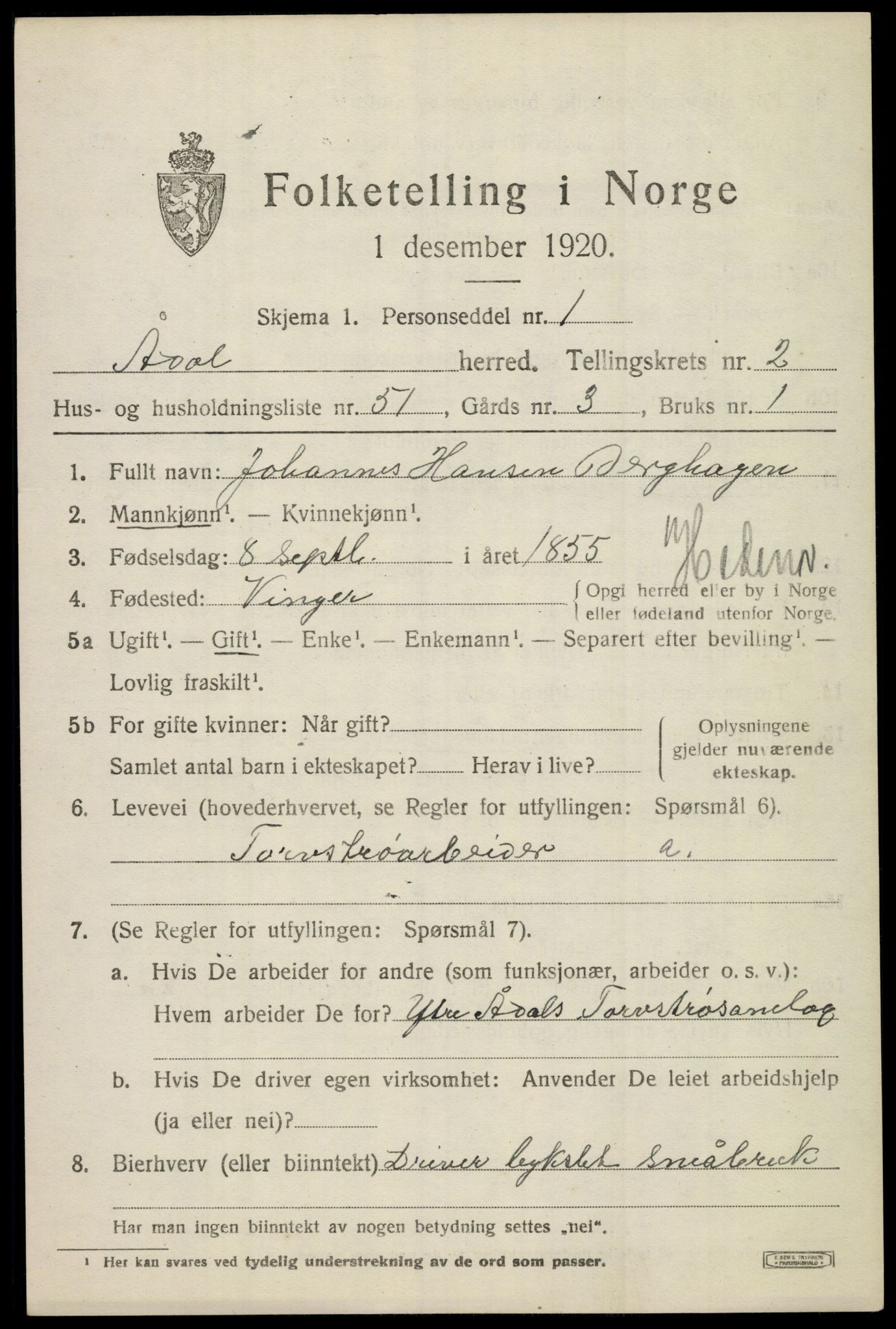 SAKO, 1920 census for Ådal, 1920, p. 2772