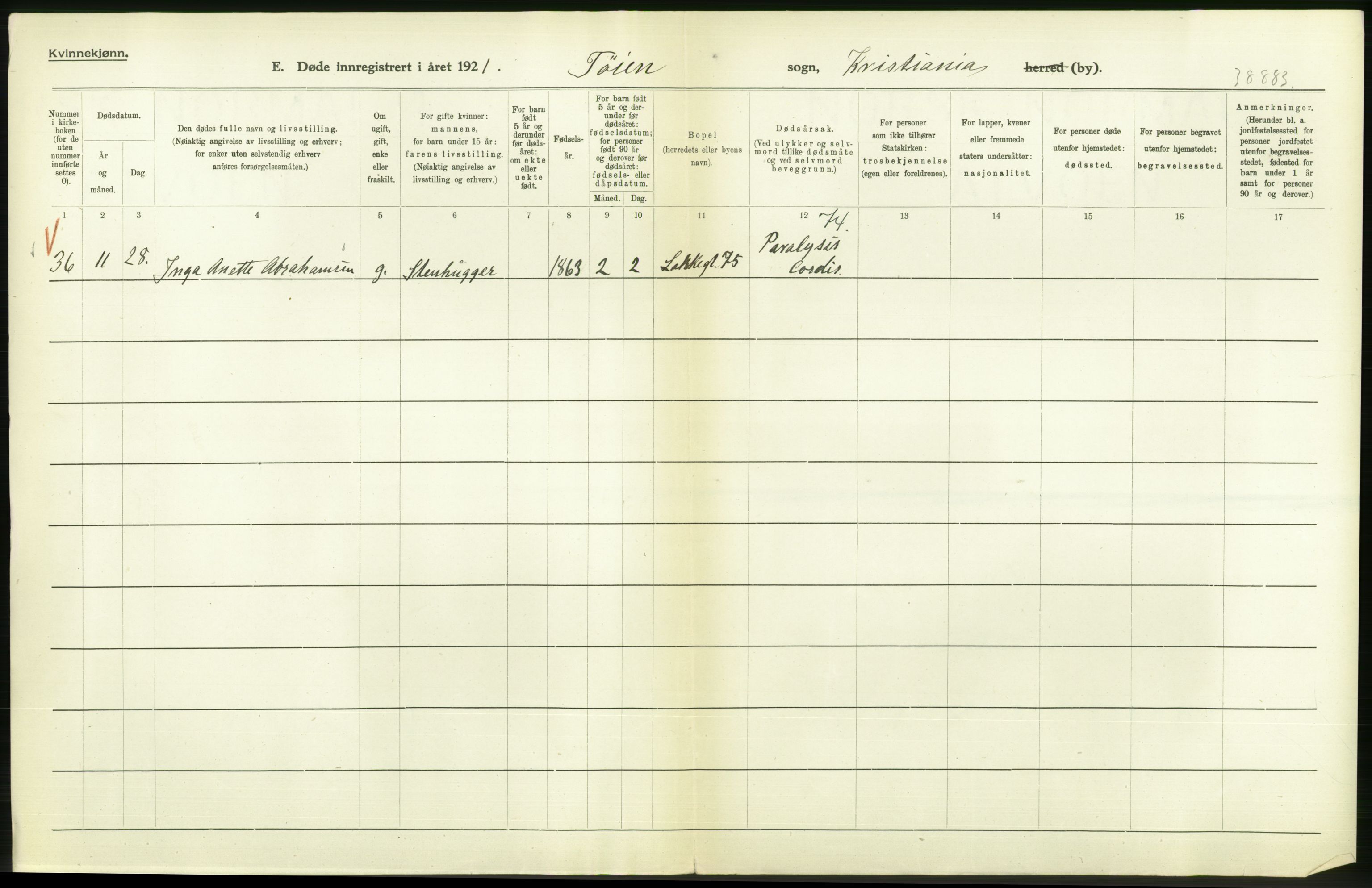 Statistisk sentralbyrå, Sosiodemografiske emner, Befolkning, AV/RA-S-2228/D/Df/Dfc/Dfca/L0013: Kristiania: Døde, dødfødte, 1921, p. 134