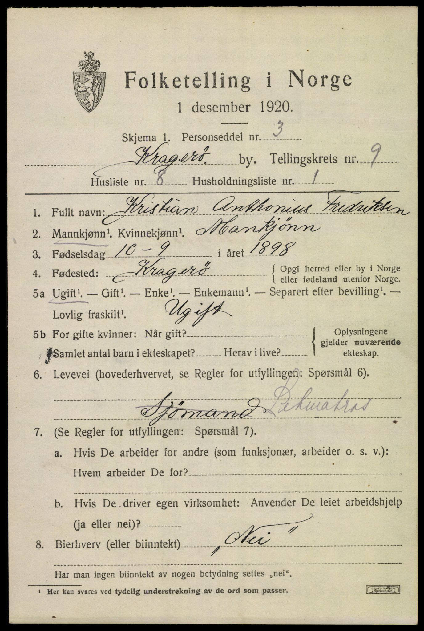 SAKO, 1920 census for Kragerø, 1920, p. 12033
