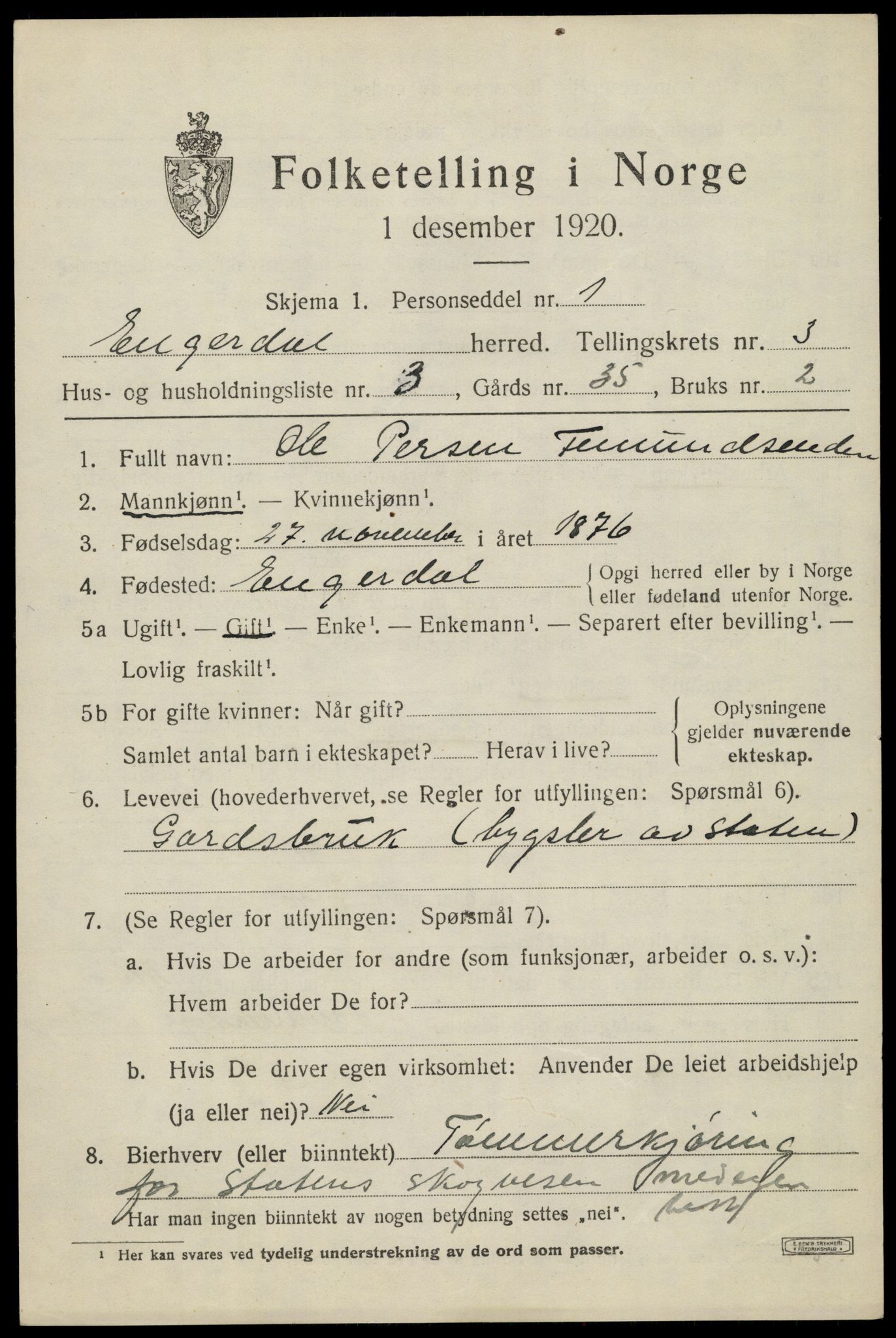 SAH, 1920 census for Engerdal, 1920, p. 1539