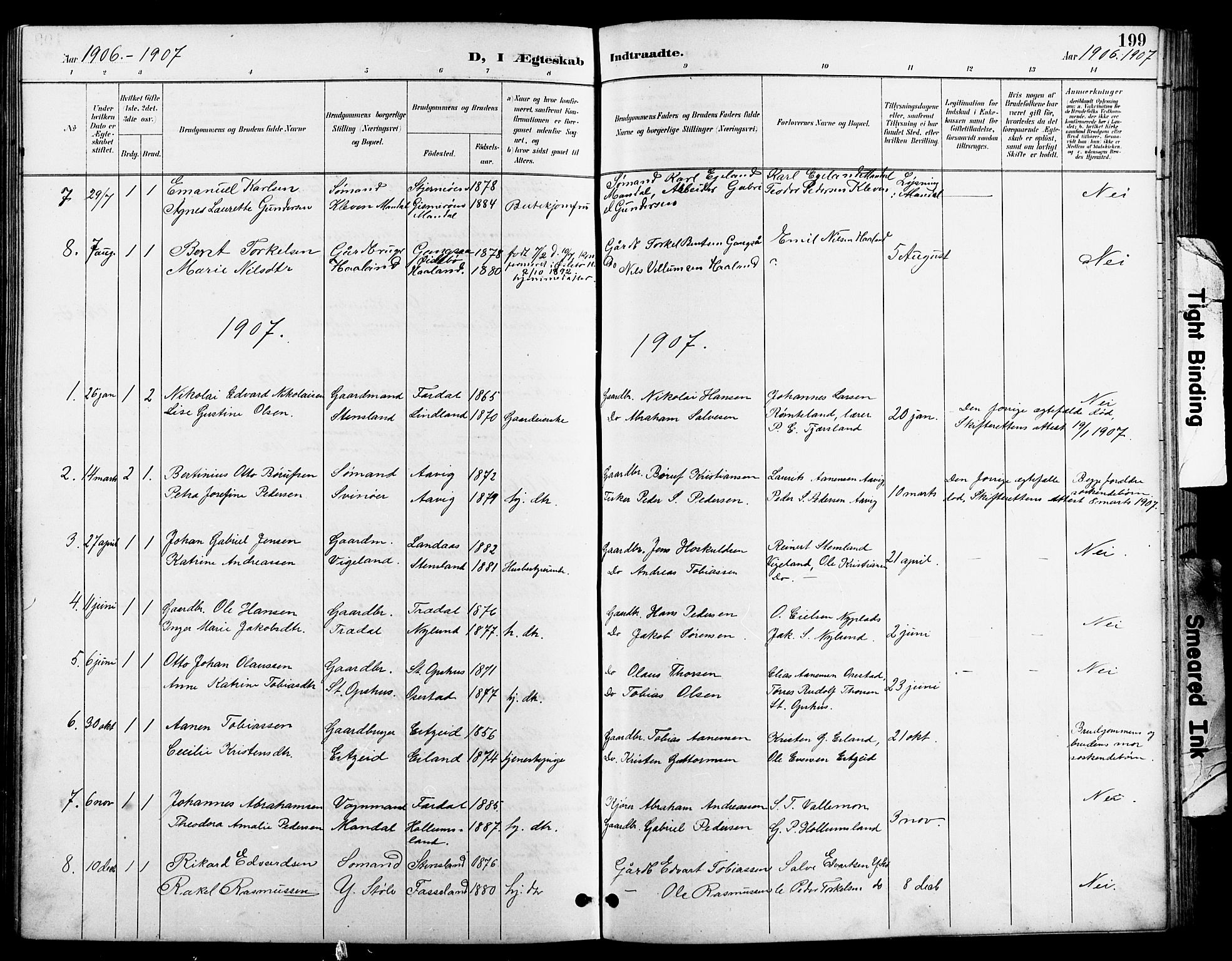 Sør-Audnedal sokneprestkontor, AV/SAK-1111-0039/F/Fb/Fbb/L0006: Parish register (copy) no. B 6, 1893-1915, p. 199