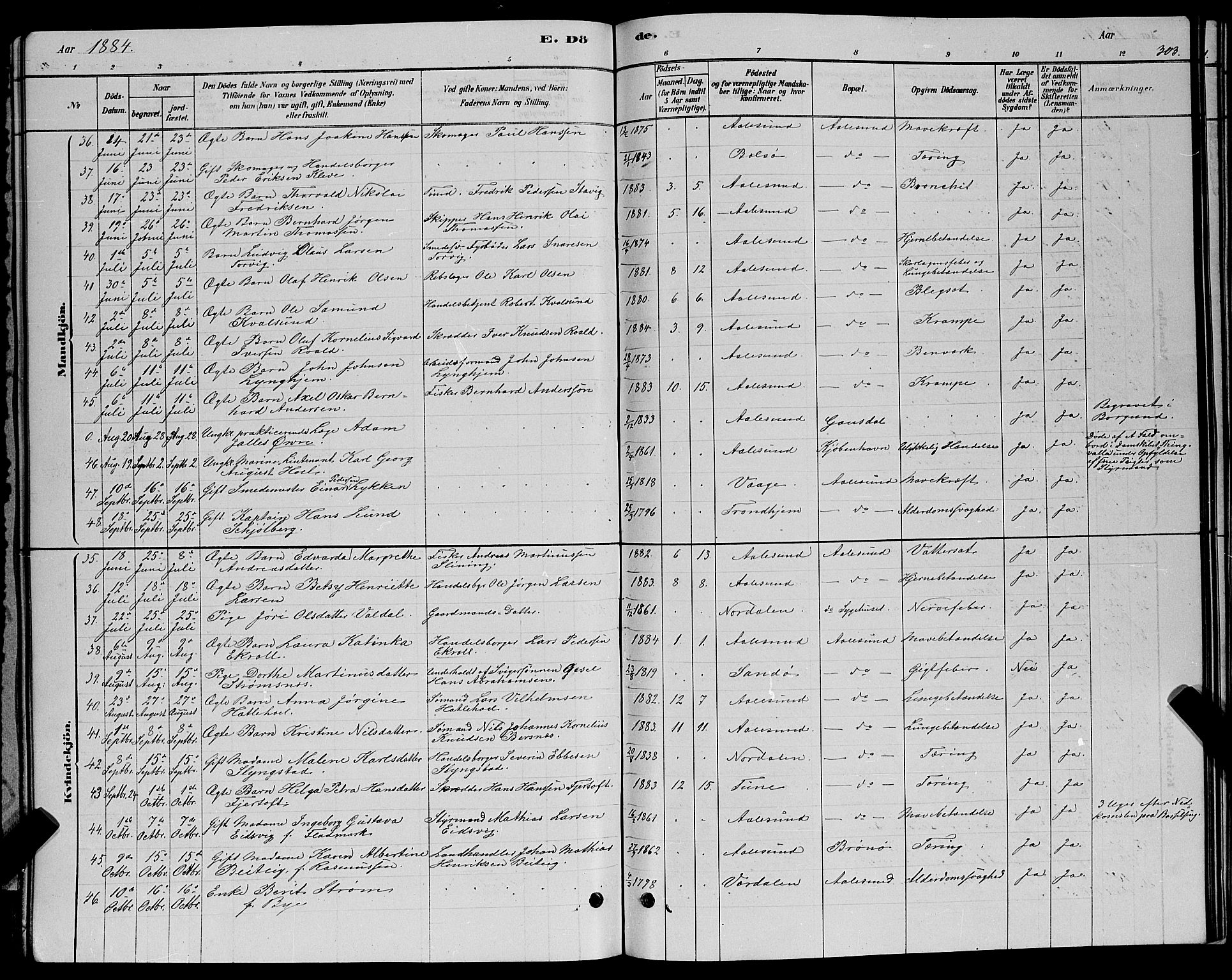 Ministerialprotokoller, klokkerbøker og fødselsregistre - Møre og Romsdal, AV/SAT-A-1454/529/L0466: Parish register (copy) no. 529C03, 1878-1888, p. 303