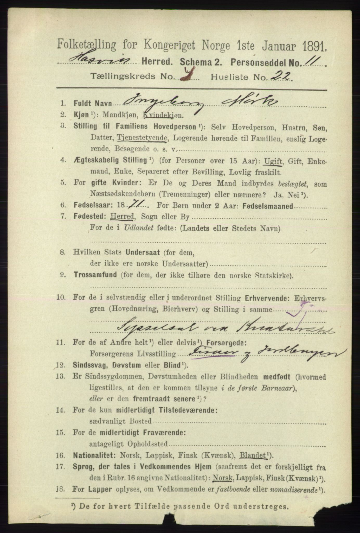 RA, 1891 census for 2015 Hasvik, 1891, p. 602