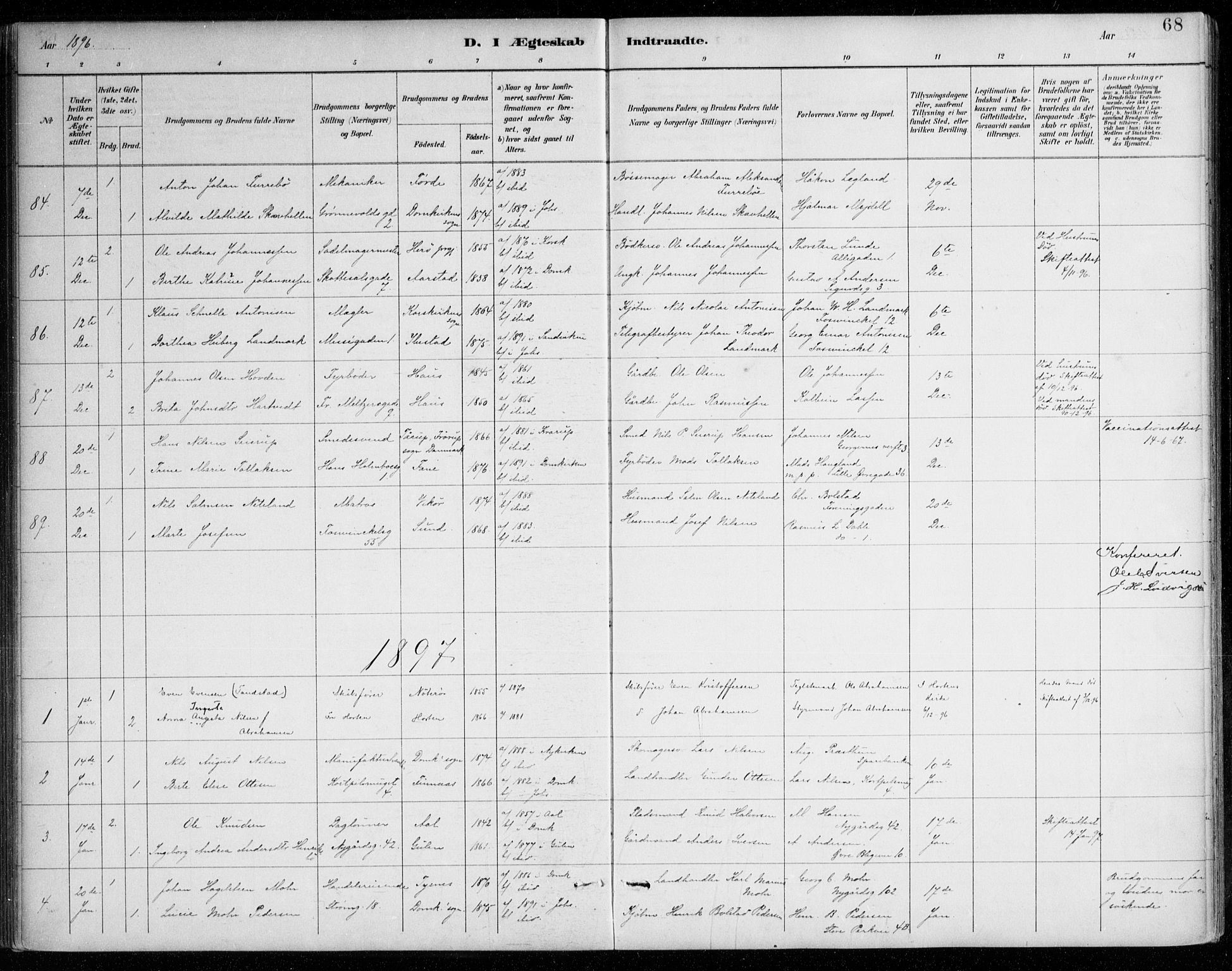 Johanneskirken sokneprestembete, SAB/A-76001/H/Haa/L0012: Parish register (official) no. D 1, 1885-1912, p. 68
