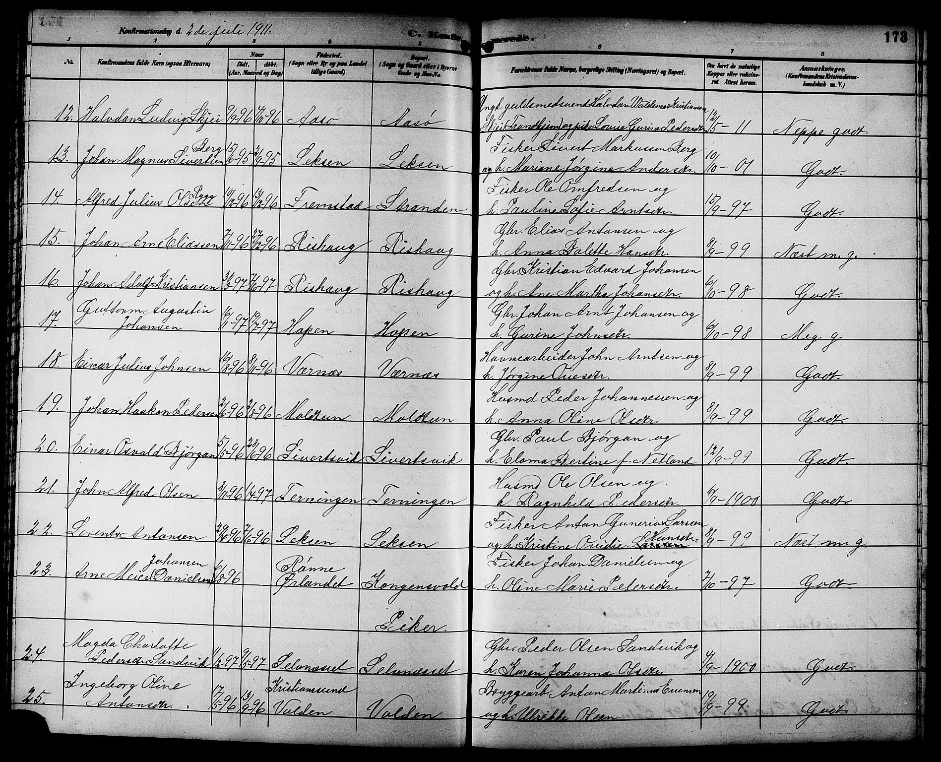 Ministerialprotokoller, klokkerbøker og fødselsregistre - Sør-Trøndelag, SAT/A-1456/662/L0757: Parish register (copy) no. 662C02, 1892-1918, p. 173