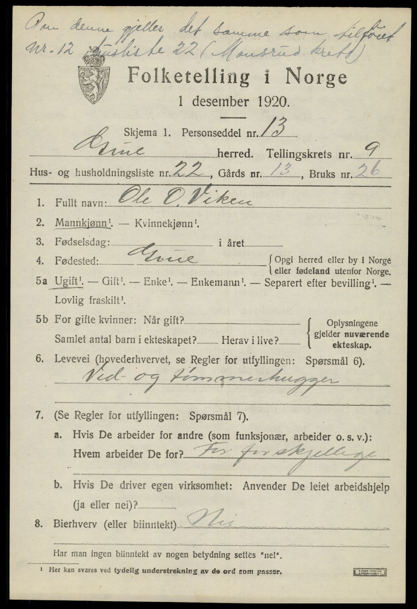 SAH, 1920 census for Grue, 1920, p. 8285