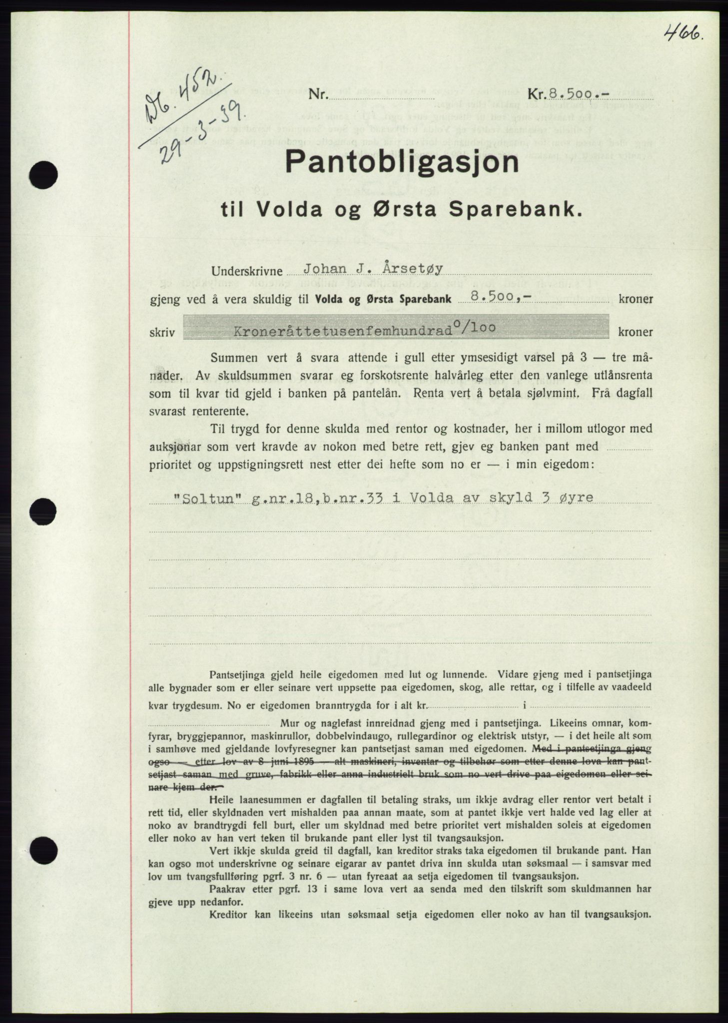 Søre Sunnmøre sorenskriveri, AV/SAT-A-4122/1/2/2C/L0067: Mortgage book no. 61, 1938-1939, Diary no: : 452/1939