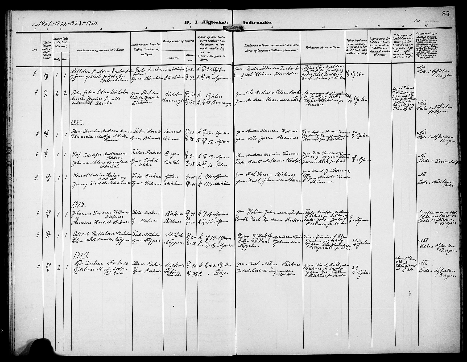 Gulen sokneprestembete, AV/SAB-A-80201/H/Hab/Habd/L0001: Parish register (copy) no. D 1, 1901-1924, p. 85