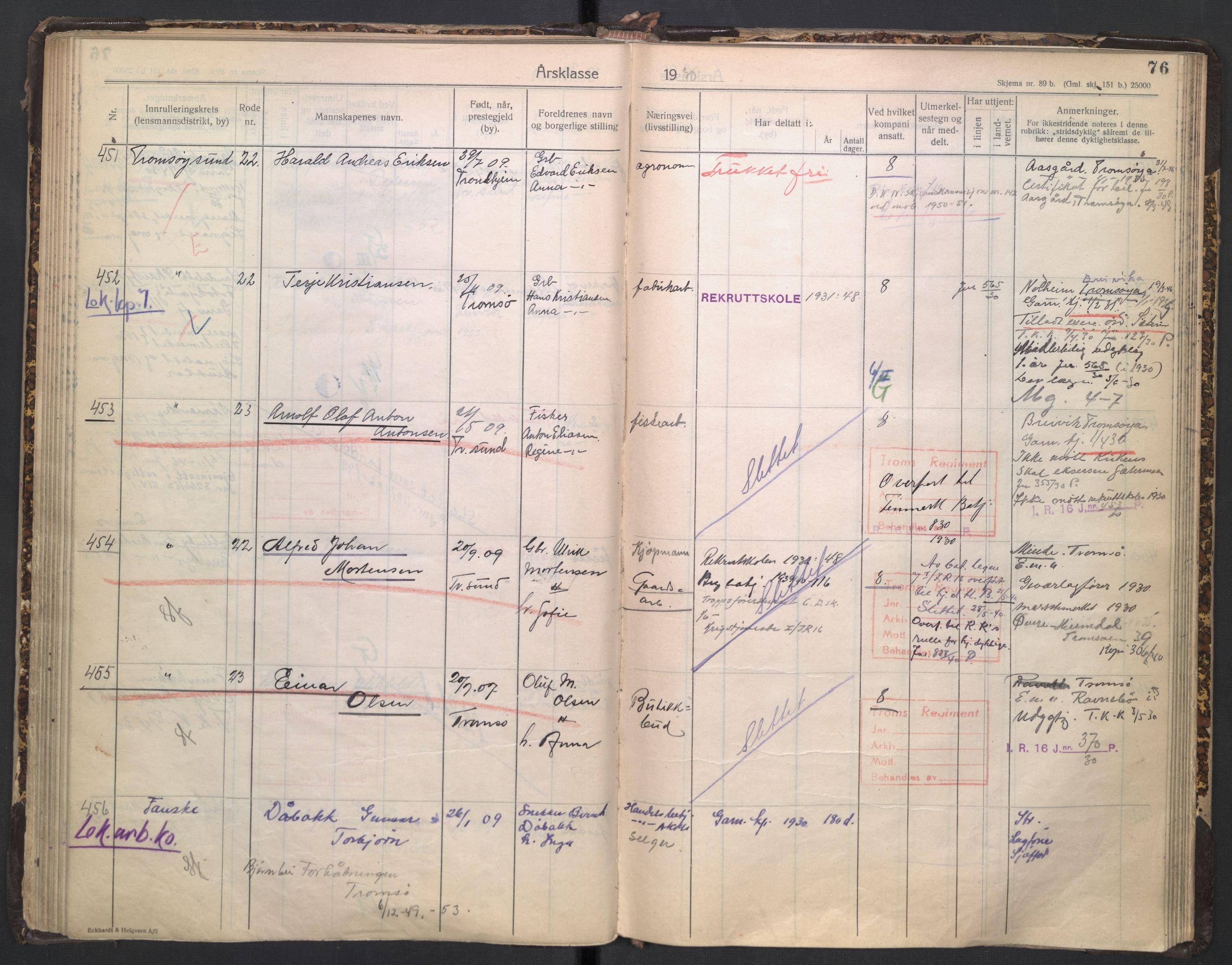 Forsvaret, Troms infanteriregiment nr. 16, AV/RA-RAFA-3146/P/Pa/L0005/0003: Ruller / Rulle for regimentets stridende menige mannskaper, årsklasse 1930, 1930, p. 76