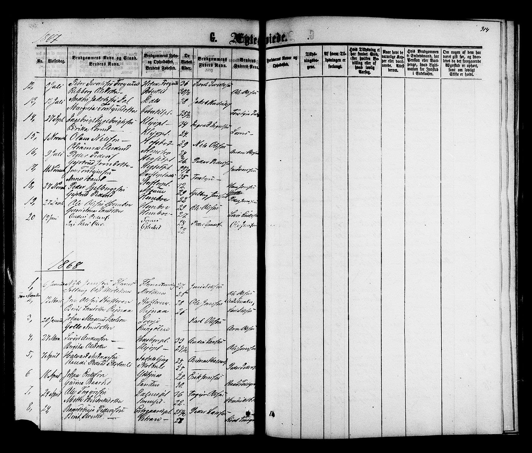 Ministerialprotokoller, klokkerbøker og fødselsregistre - Nord-Trøndelag, SAT/A-1458/703/L0038: Parish register (copy) no. 703C01, 1864-1870, p. 314