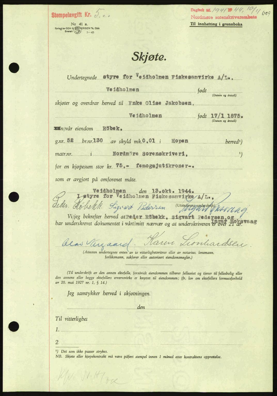 Nordmøre sorenskriveri, AV/SAT-A-4132/1/2/2Ca: Mortgage book no. A98, 1944-1944, Diary no: : 1941/1944