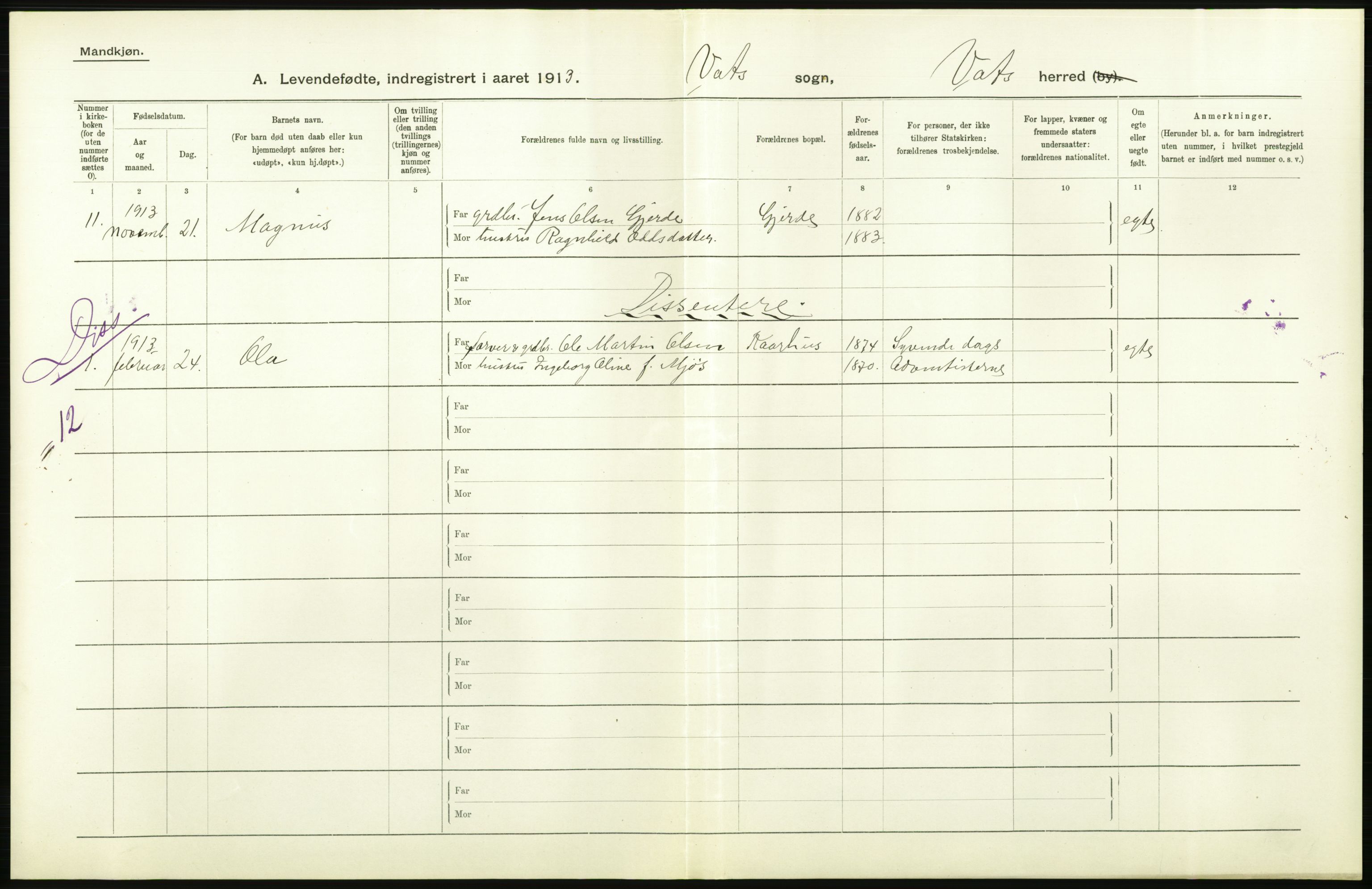 Statistisk sentralbyrå, Sosiodemografiske emner, Befolkning, AV/RA-S-2228/D/Df/Dfb/Dfbc/L0025: Stavanger amt: Levendefødte menn og kvinner. Bygder., 1913, p. 52