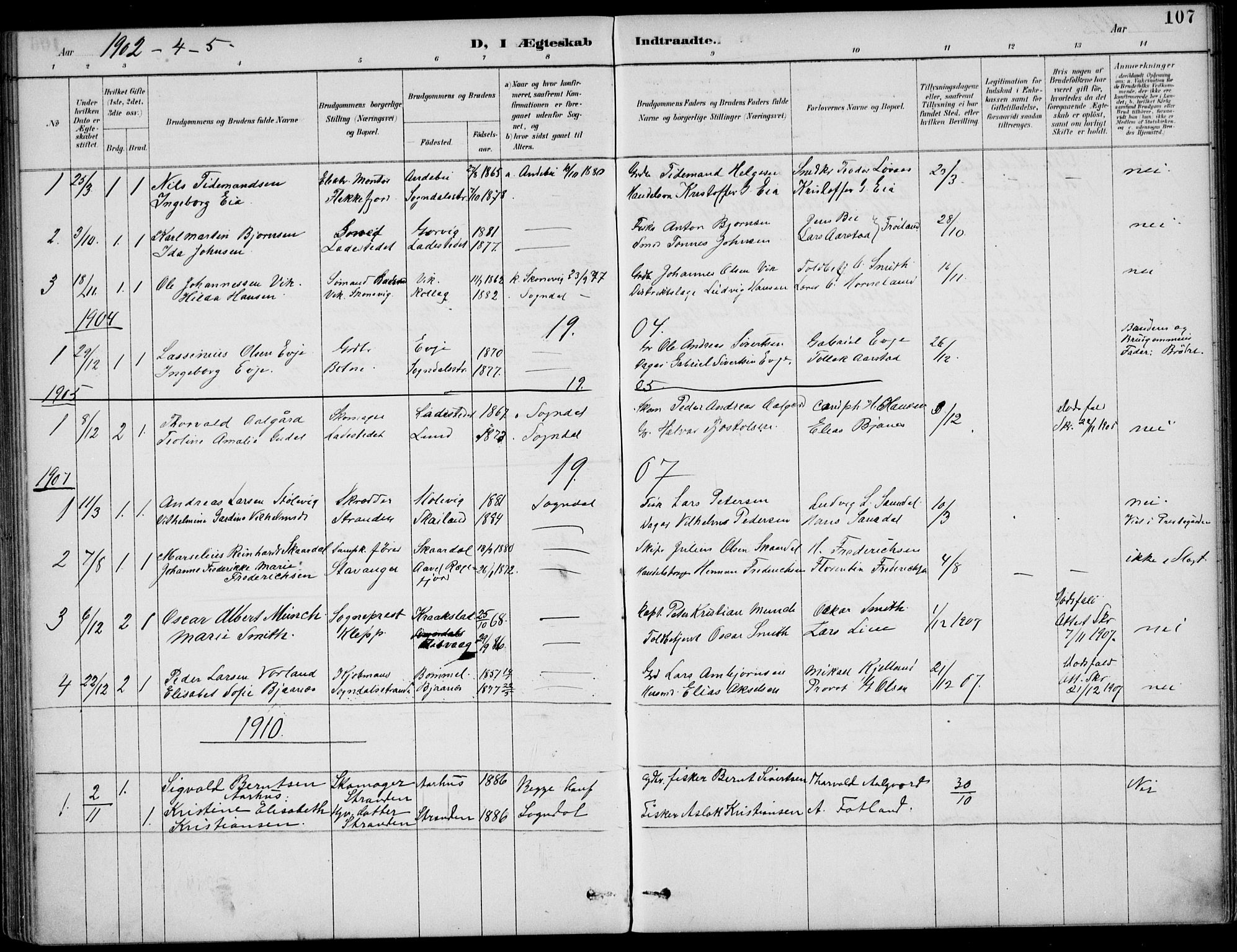 Sokndal sokneprestkontor, AV/SAST-A-101808: Parish register (official) no. A 12, 1887-1927, p. 107