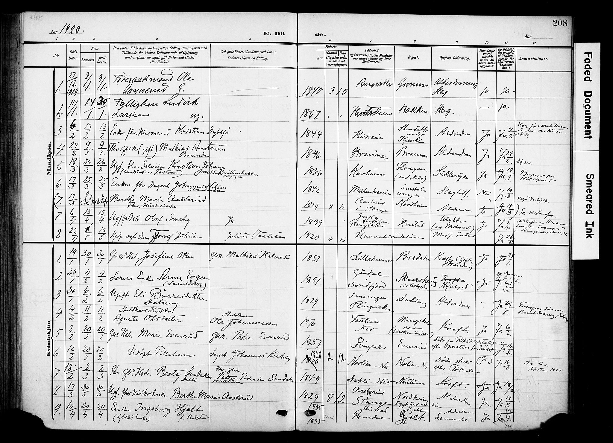 Nes prestekontor, Hedmark, SAH/PREST-020/K/Ka/L0013: Parish register (official) no. 13, 1906-1924, p. 208