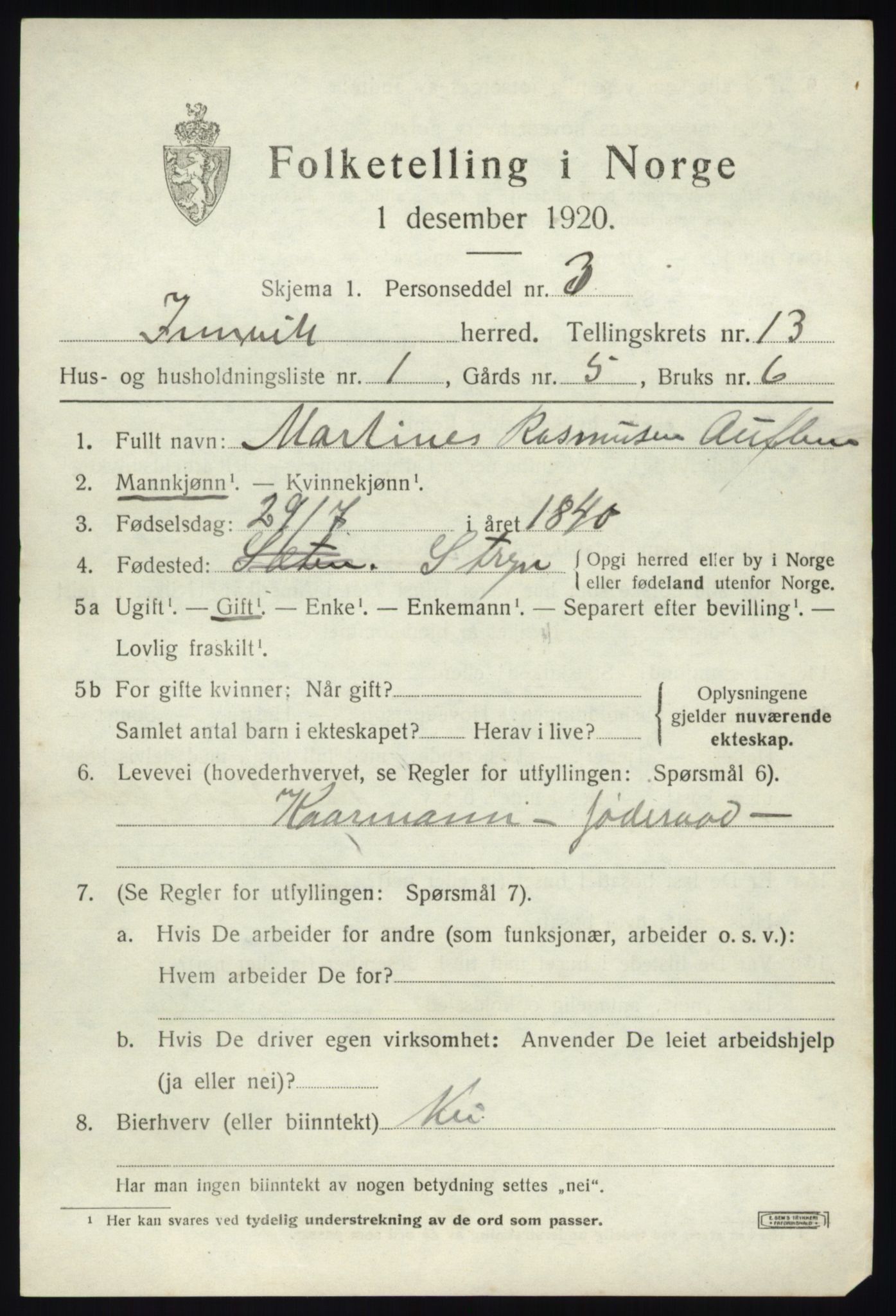 SAB, 1920 census for Innvik, 1920, p. 5131