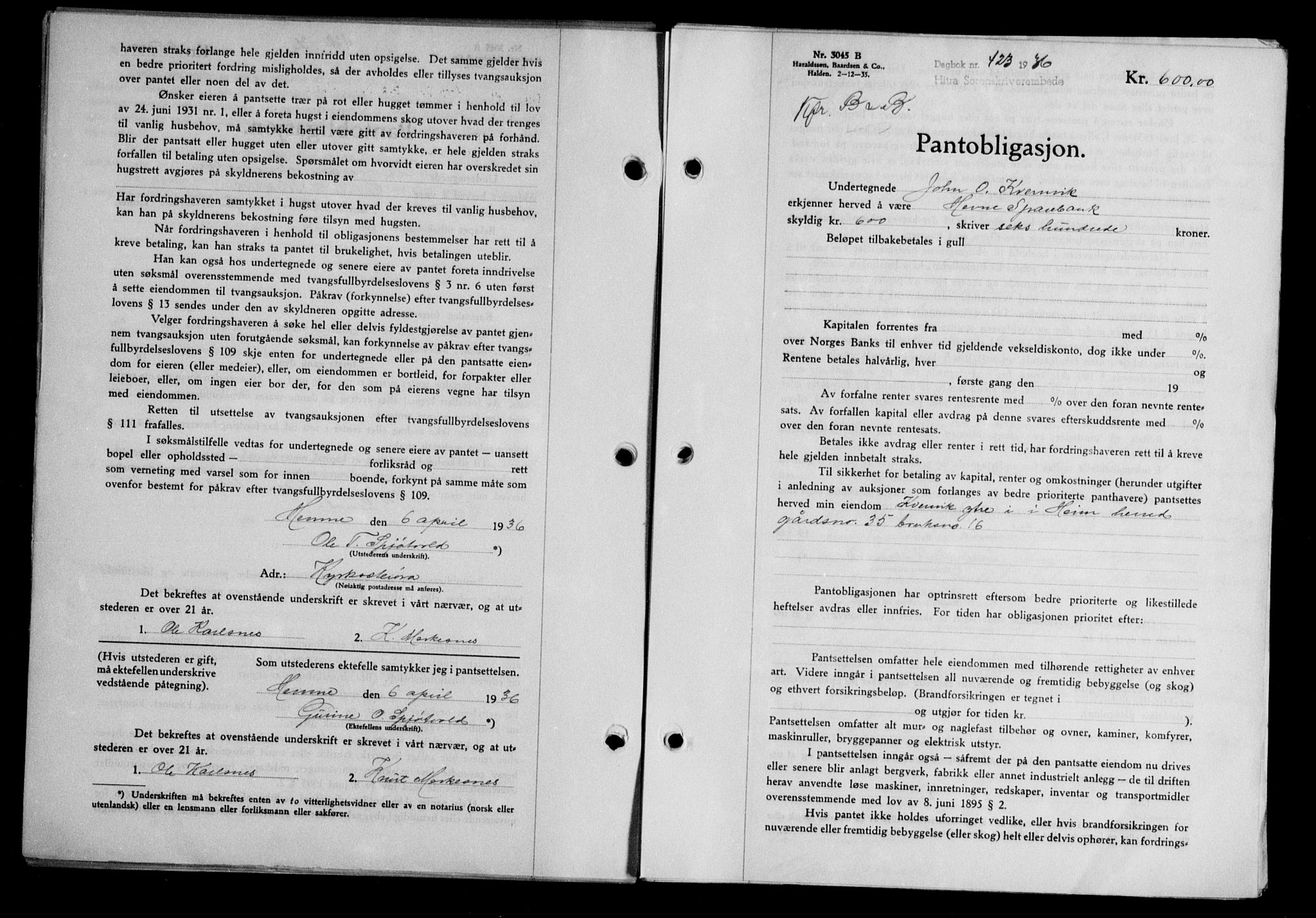 Hitra sorenskriveri, AV/SAT-A-0018/2/2C/2Ca/L0028: Mortgage book no. B-1, 1936-1939, Diary no: : 423/1936