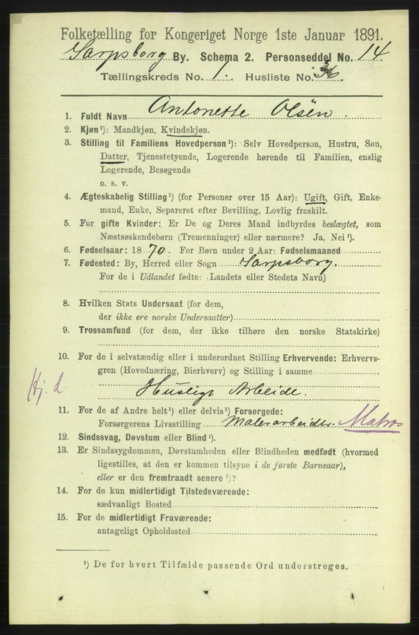 RA, 1891 census for 0102 Sarpsborg, 1891, p. 537