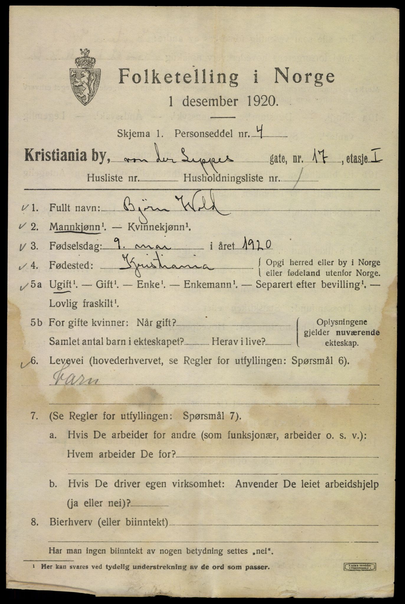 SAO, 1920 census for Kristiania, 1920, p. 643685