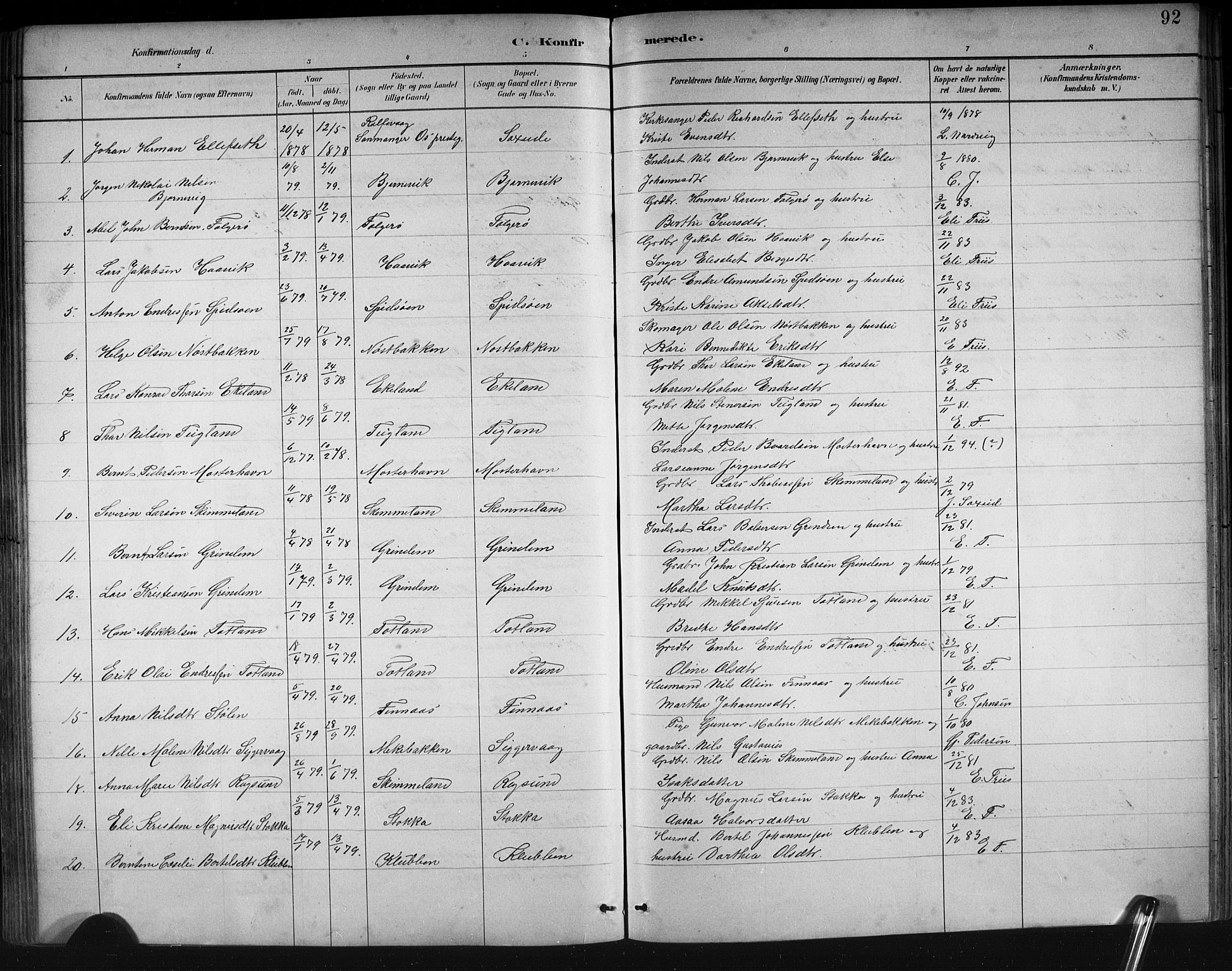 Finnås sokneprestembete, SAB/A-99925/H/Ha/Hab/Haba/L0003: Parish register (copy) no. A 3, 1883-1900, p. 92
