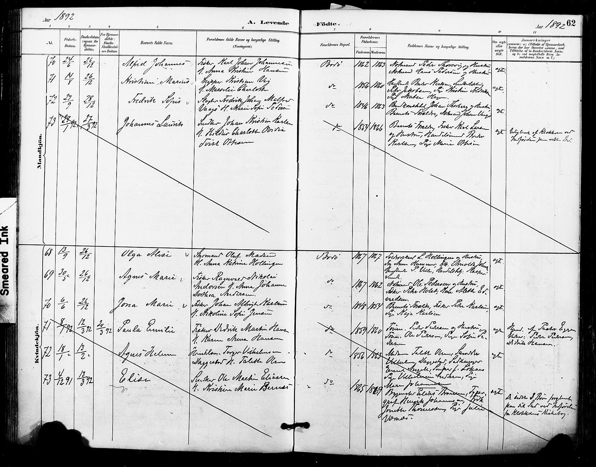 Ministerialprotokoller, klokkerbøker og fødselsregistre - Nordland, AV/SAT-A-1459/801/L0010: Parish register (official) no. 801A10, 1888-1899, p. 62