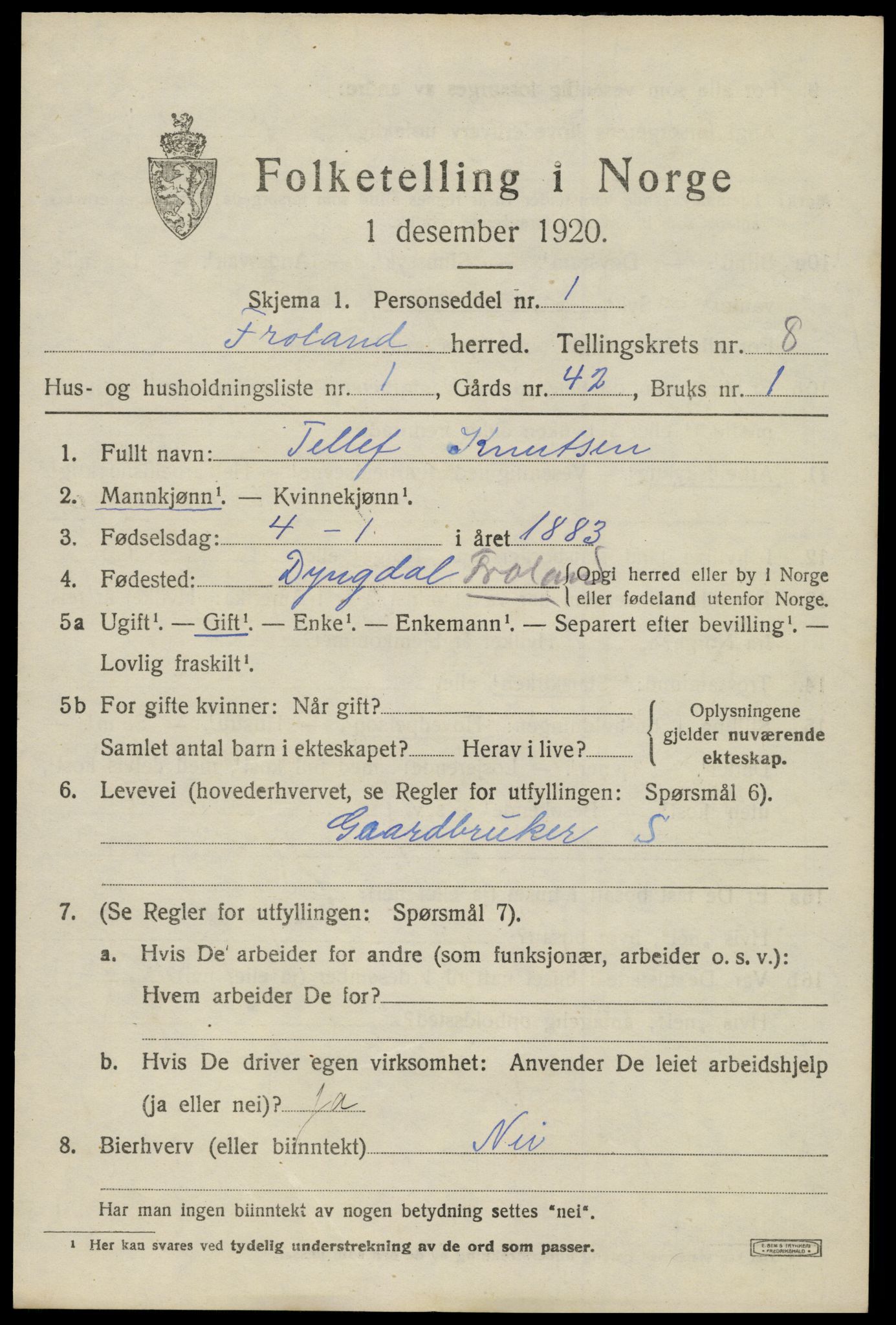 SAK, 1920 census for Froland, 1920, p. 4575