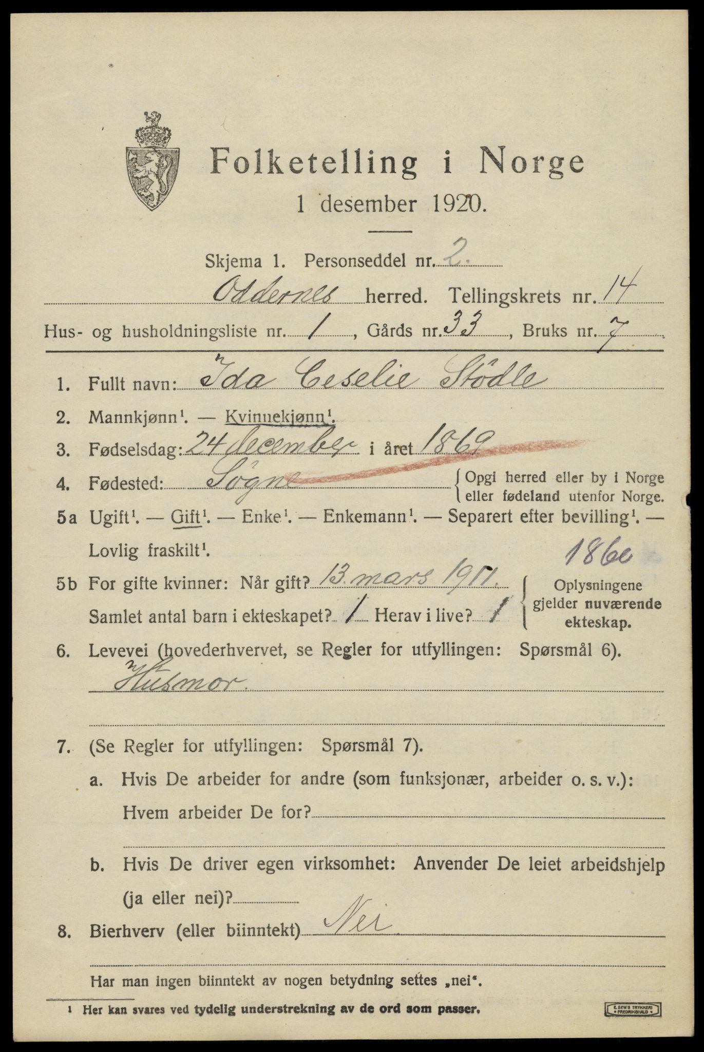 SAK, 1920 census for Oddernes, 1920, p. 8403