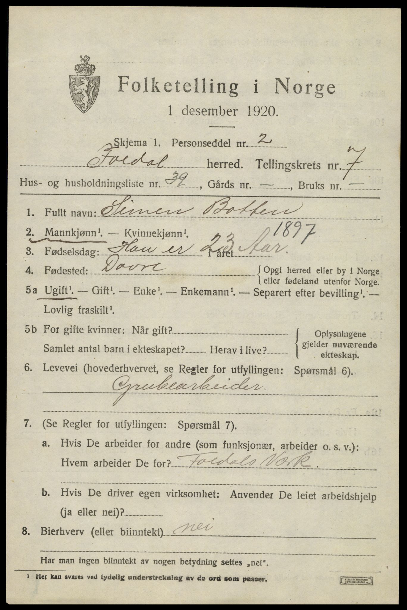 SAH, 1920 census for Folldal, 1920, p. 4341