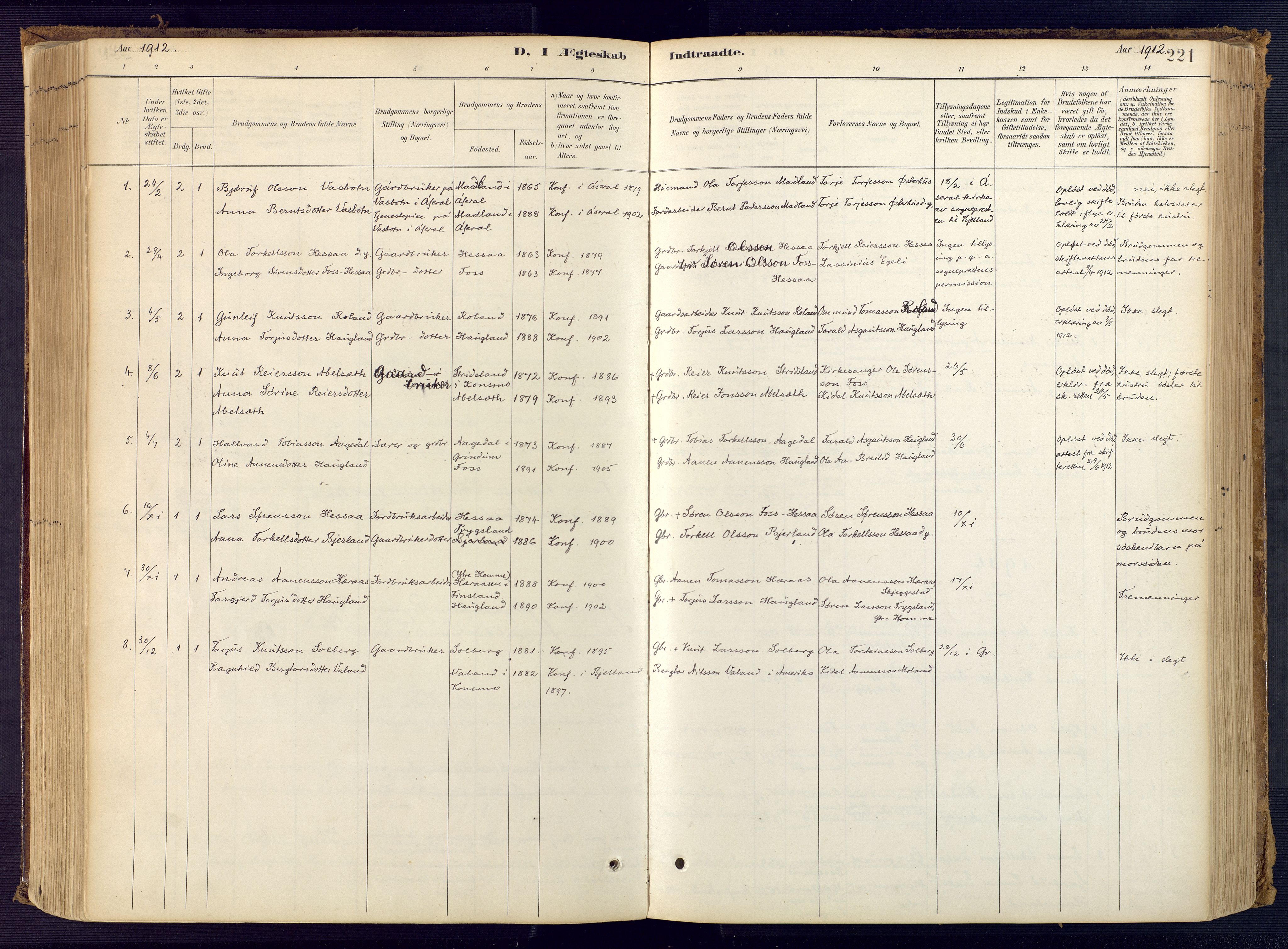Bjelland sokneprestkontor, SAK/1111-0005/F/Fa/Faa/L0004: Parish register (official) no. A 4, 1887-1923, p. 221